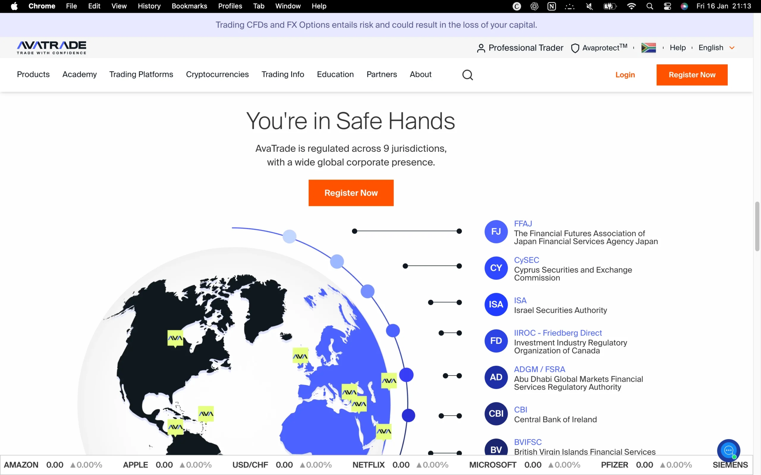 AvaTrade regulation page showing office addresses, regulators, license numbers, and client money protection details for jurisdictions including FFAJ, CySEC, ISA, IIROC, ADGM, CBI, BVIFSC, FSCA, ASIC, SFC.