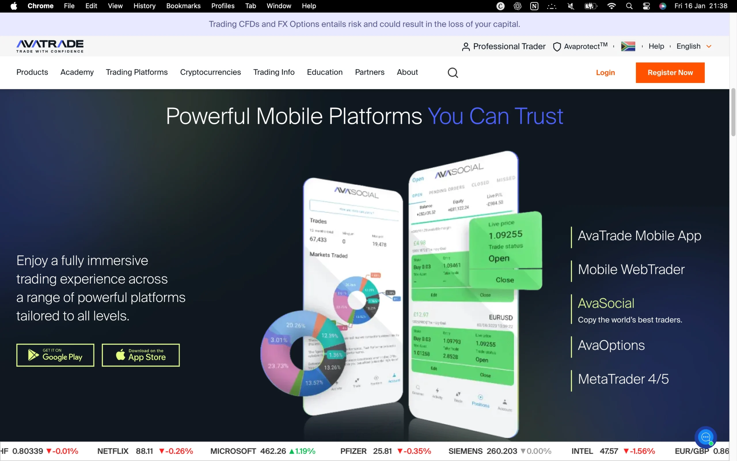 AvaTrade review image showing the trading platforms available to clients, including AvaTrade Mobile App, Mobile WebTrader, AvaSocial, AvaOptions, MetaTrader 4 and MetaTrader 5.