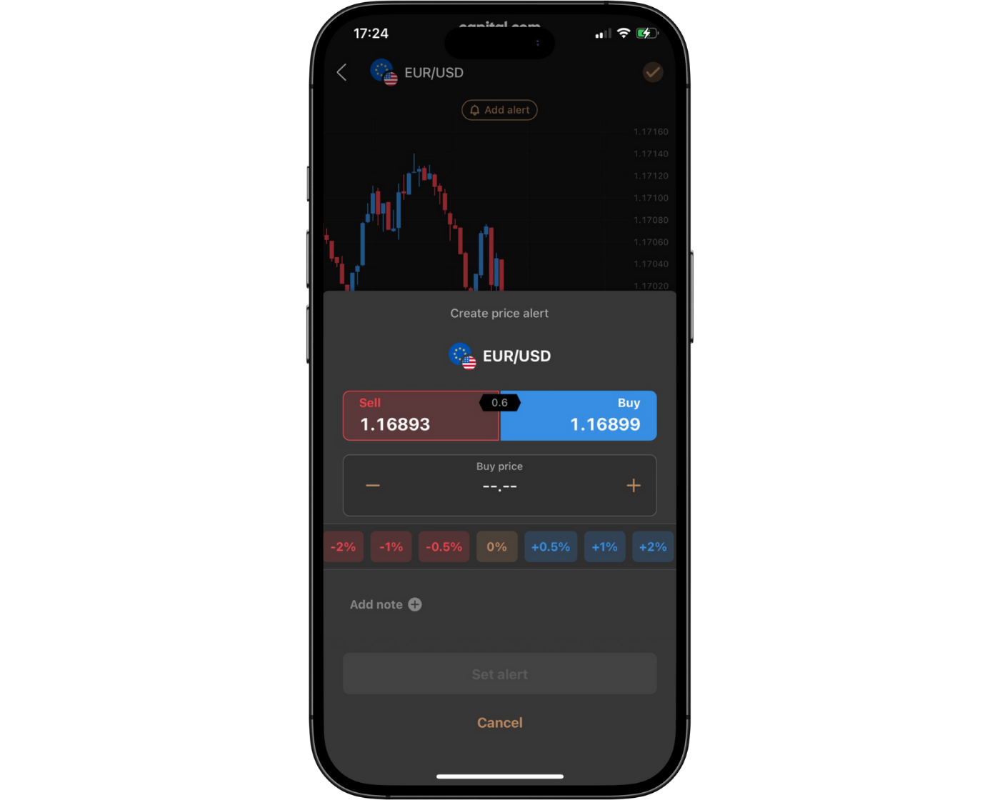 Capital.com Review image showing the Capital.com mobile app Price Alert page where users can set alerts and notifications on the trading instruments.