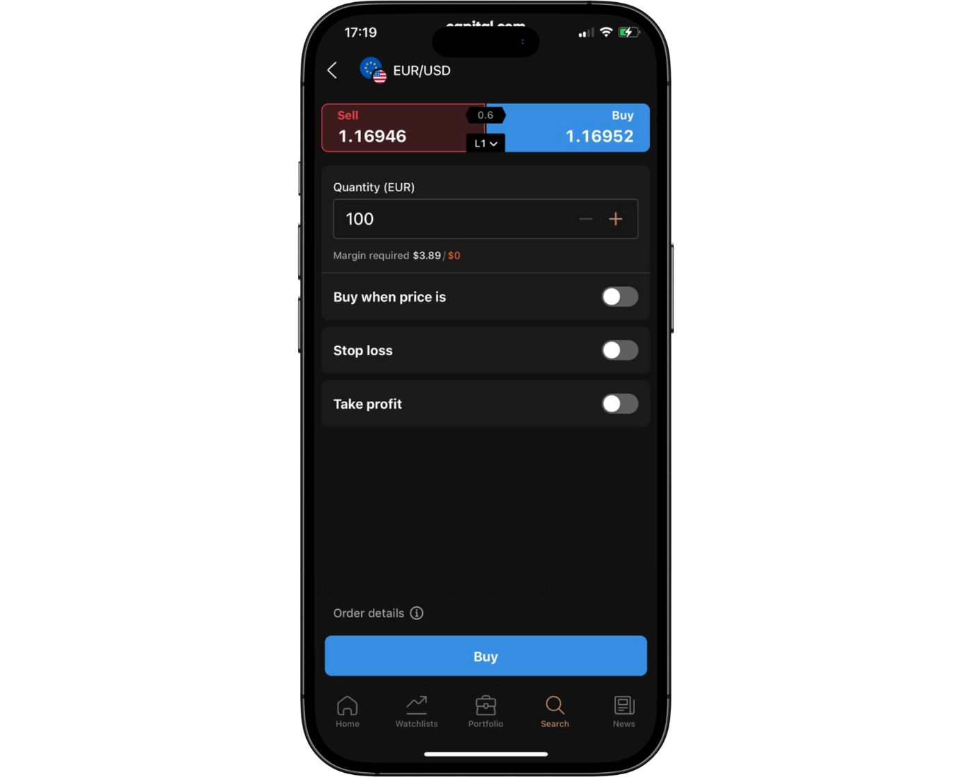 Capital.com Review image showing the Capital.com mobile app orders page, including instrument selection, lot size, stop loss, take profit, and buy/sell options.