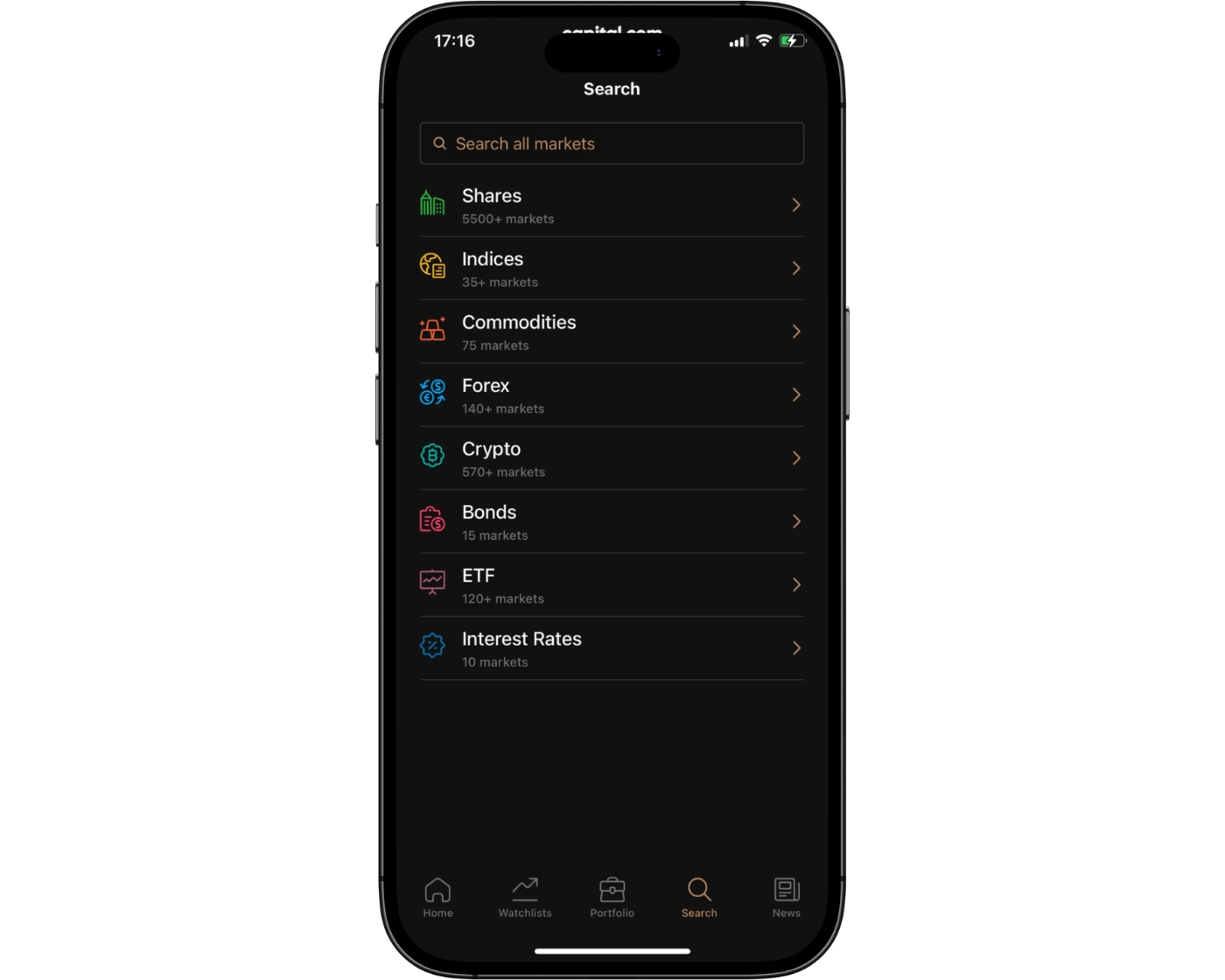 Capital.com review image showing the Capital.com mobile app search functions with a search bar to find trading instruments.