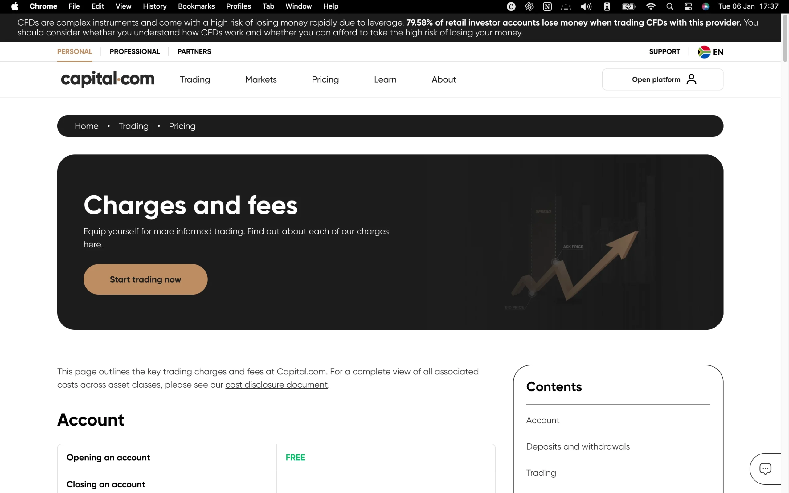 Capital.com review image showing the broker’s trading fees, including live spreads, commissions, and swap rates across Forex, commodities, indices, and share CFDs.