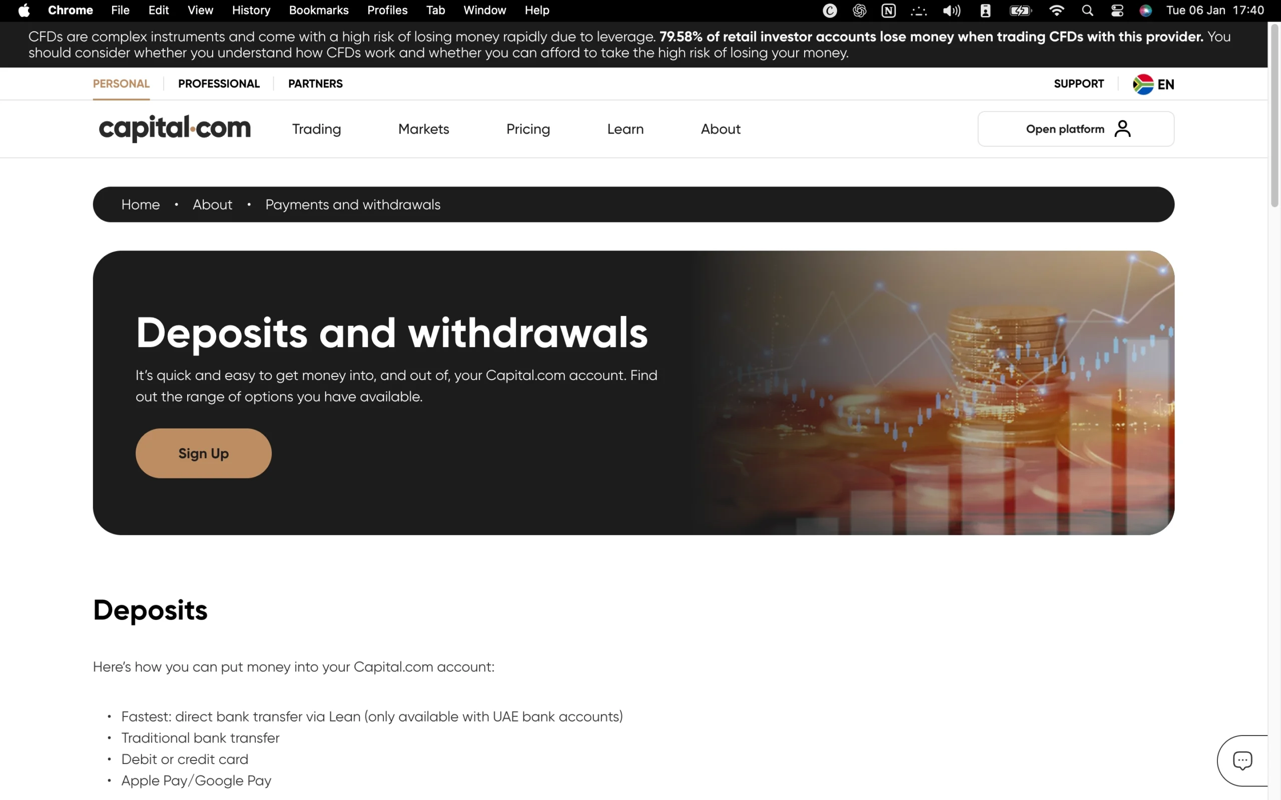 Capital.com review image showing all funding and withdrawal methods at Capital.com.