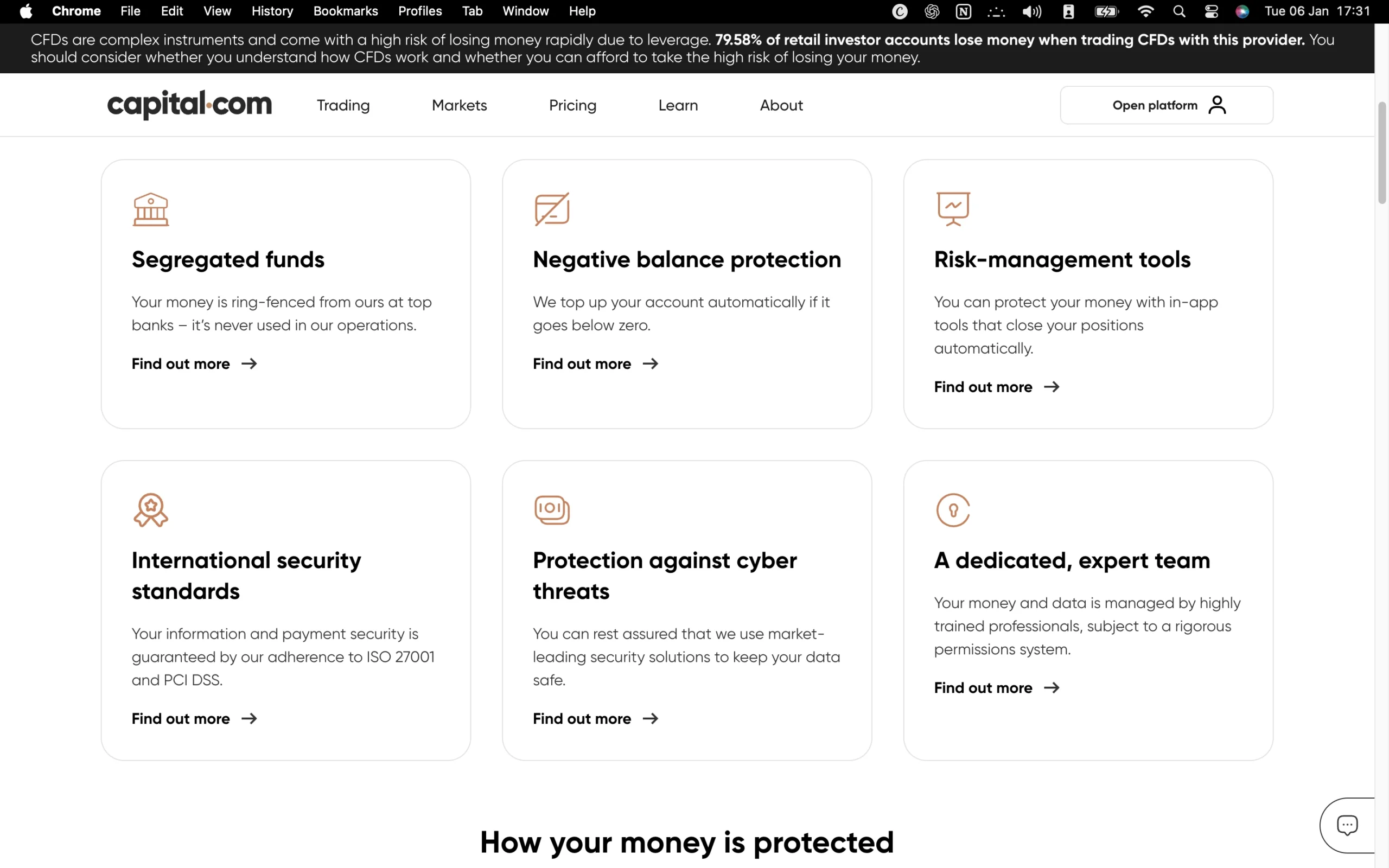 IG regulation page showing office addresses, regulators, license numbers, and client money protection details for jurisdictions including ASIC, FCA, SCA, CySEC and SCB.