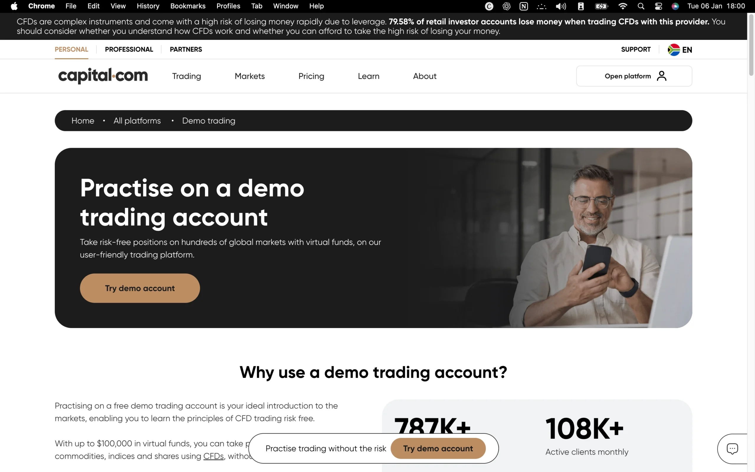 Capital.com review image showing available account types including CFD, Swap Free, Spread Betting and 1X accounts