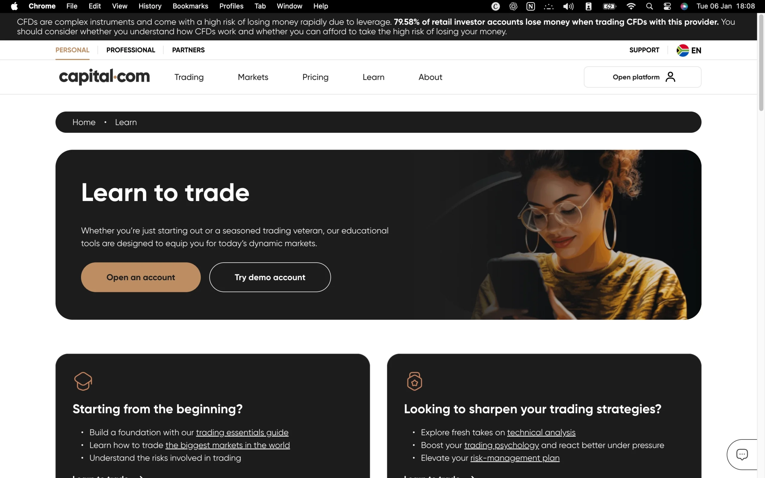Capital.com review image showing the education page with trading guides and educational material for clients.