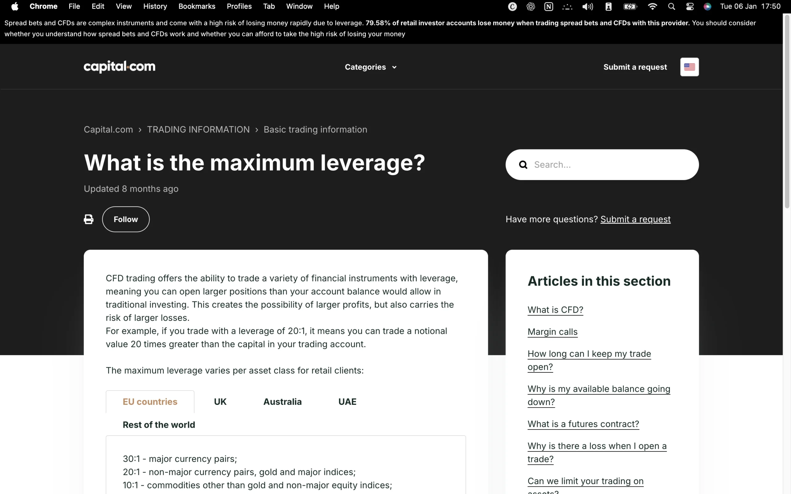 Capital.com review image showing maximum leverage for each tradable instrument, including FX majors, FX minors, Indices, Metals, Energies, Commodities, Crypto and Shares.