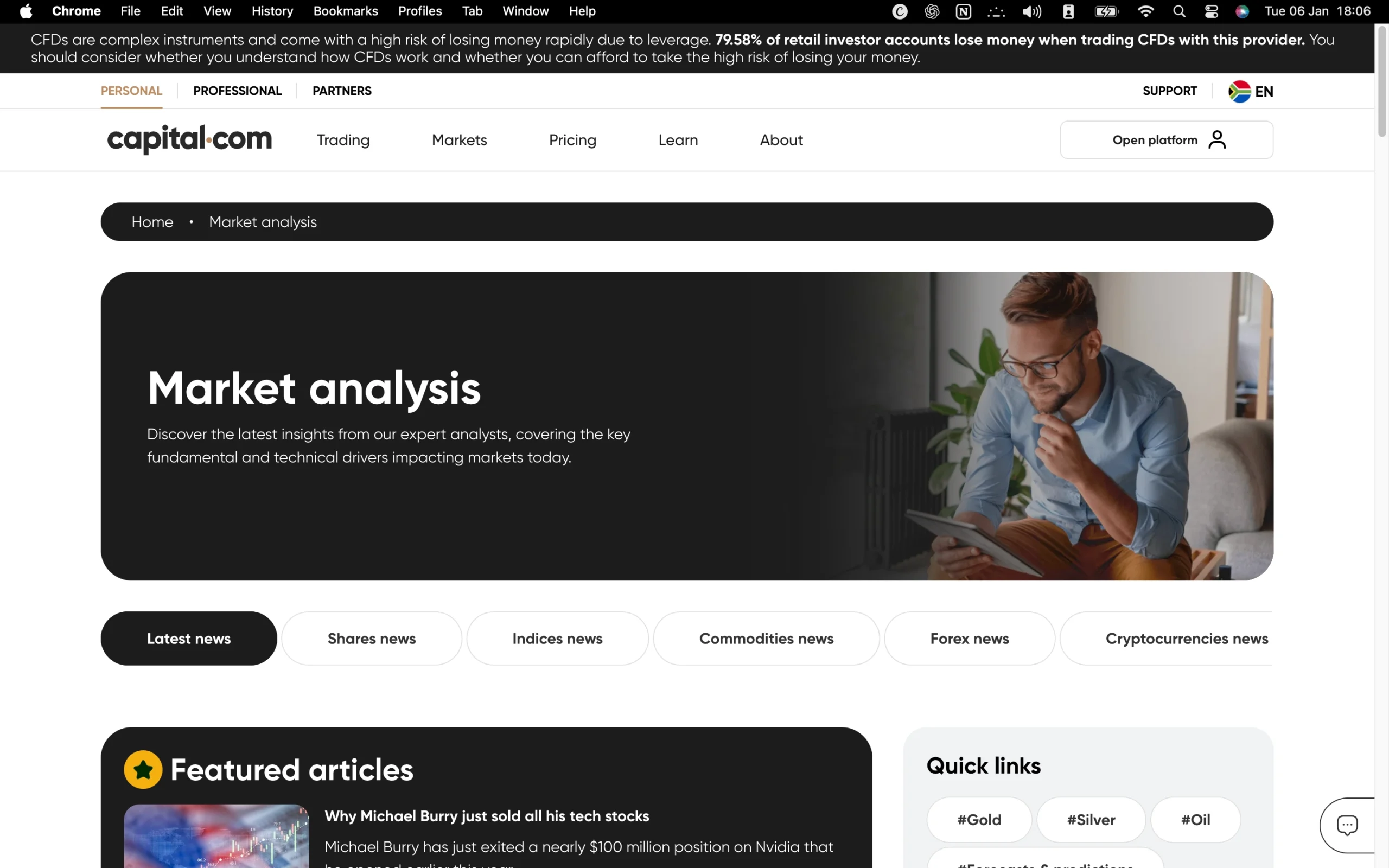 Capital.com review image showing the market analysis page with news and forecasts from trading professionals.