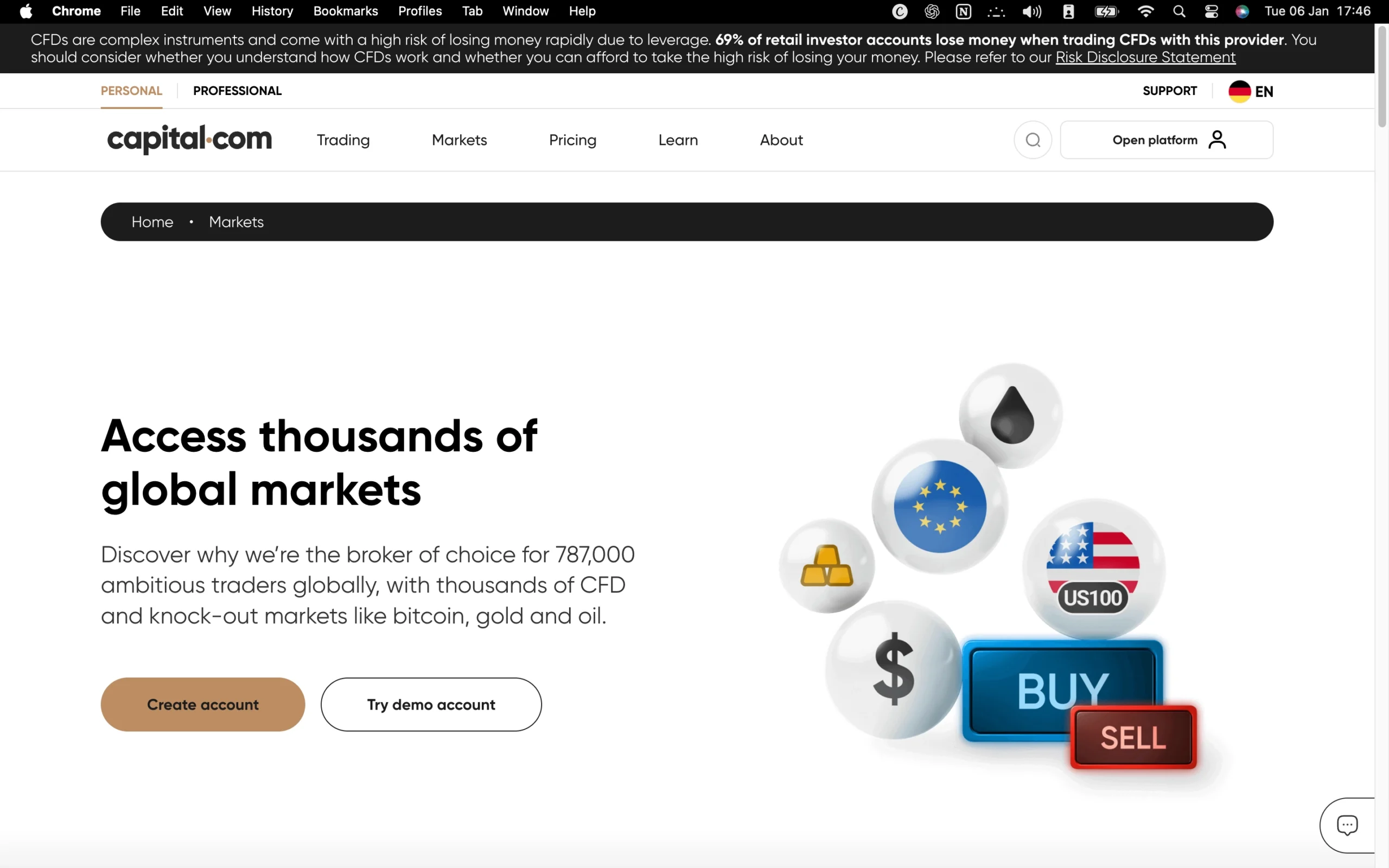 Capital.com review image showing all tradable instruments Capital.com offers, including Commodities, Cryptocurrencies, Forex, Indices, and Shares.