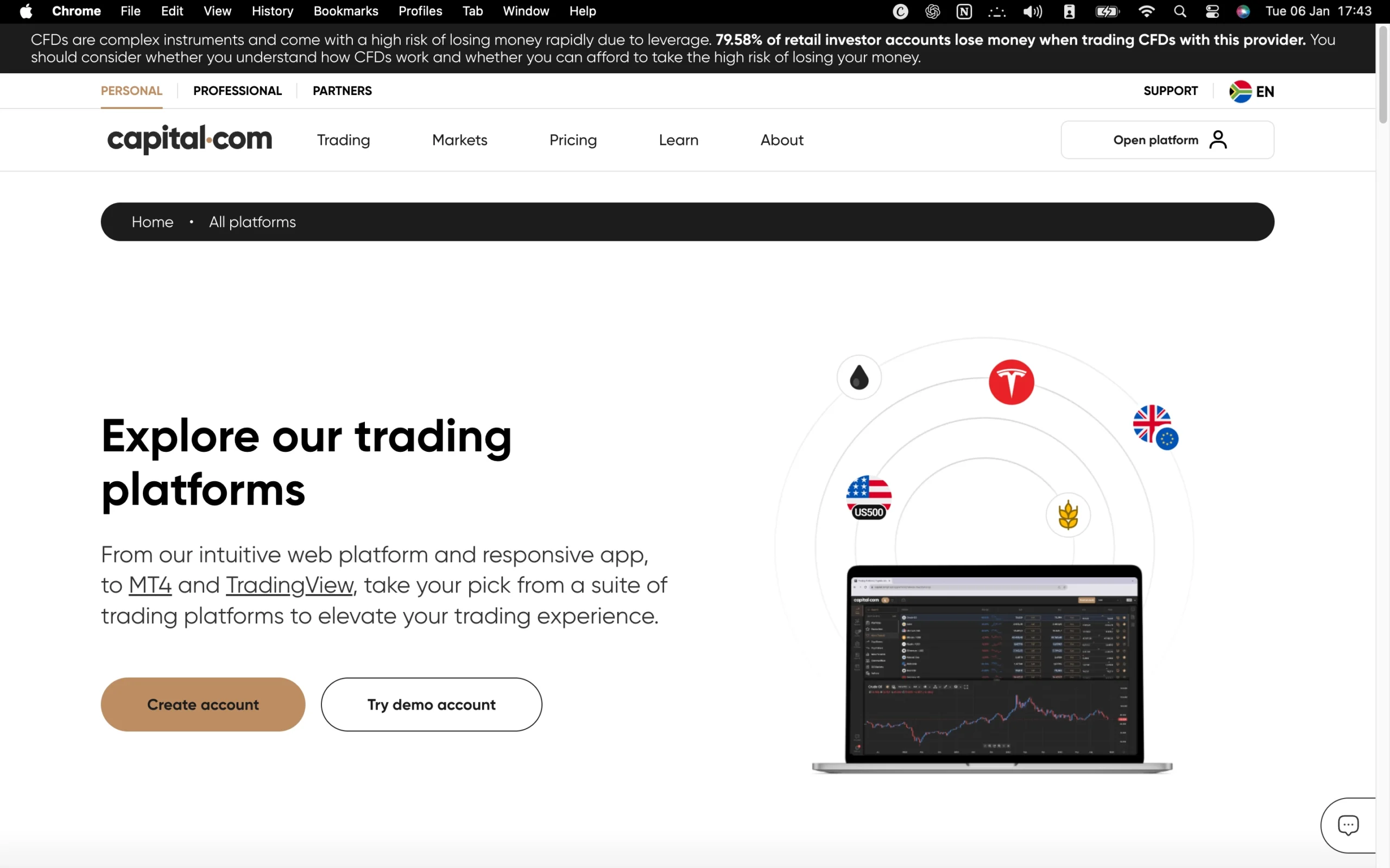 Capital.com review image showing the trading platforms available to clients, including the Capital.com Web Platform, MetaTrader 4 and TradingView.