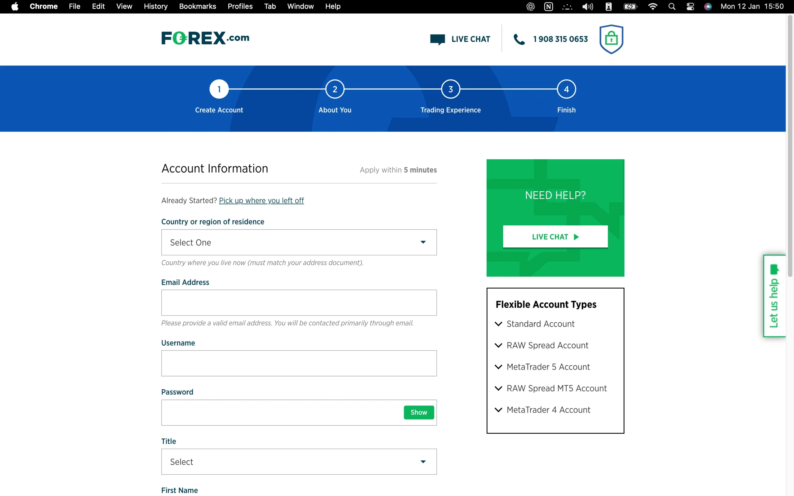 Forex.com review image showing the account opening page where clients enter personal information to open a trading account.