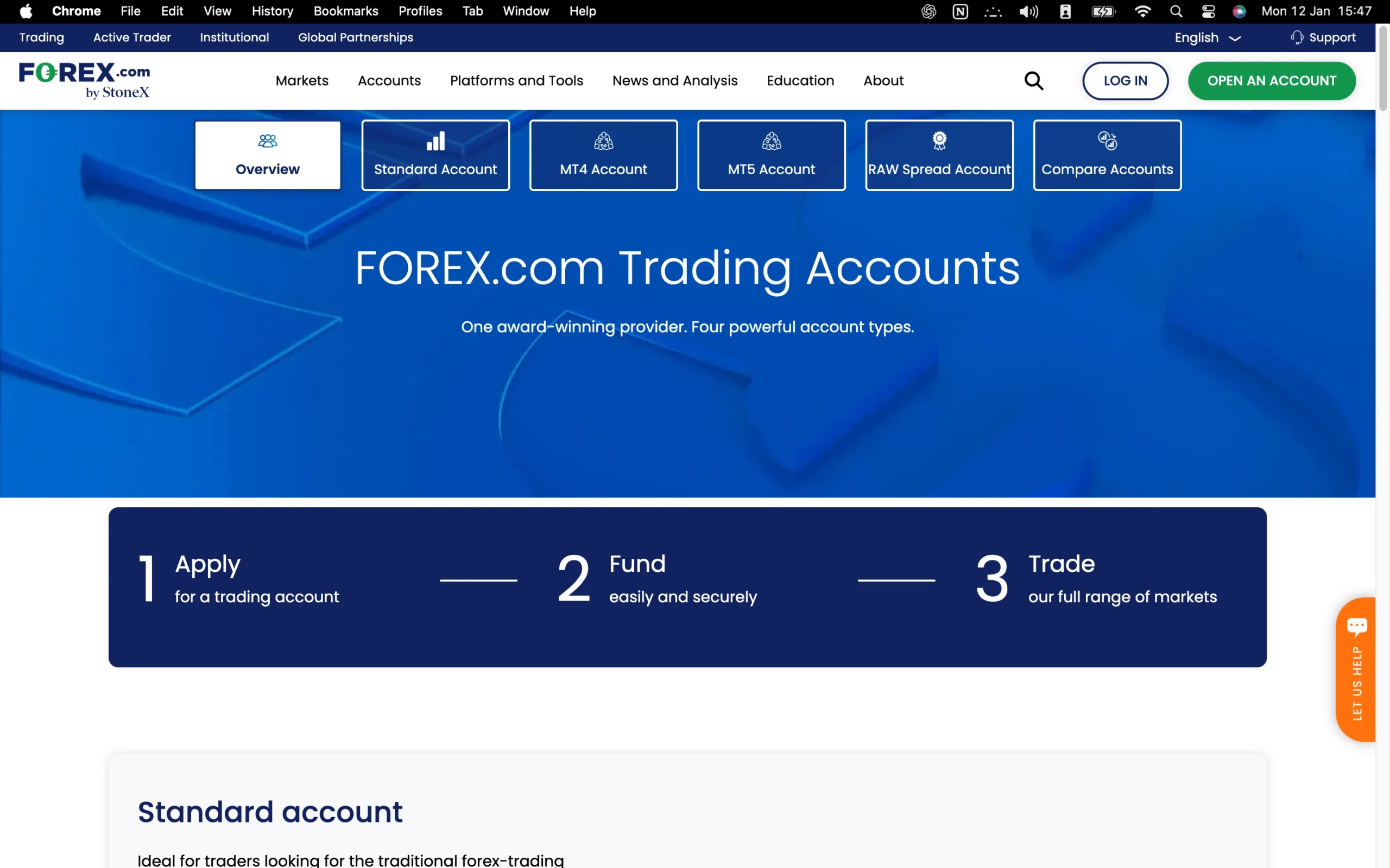 Forex.com review image showing available account types including Standard, Raw and Demo Accounts.