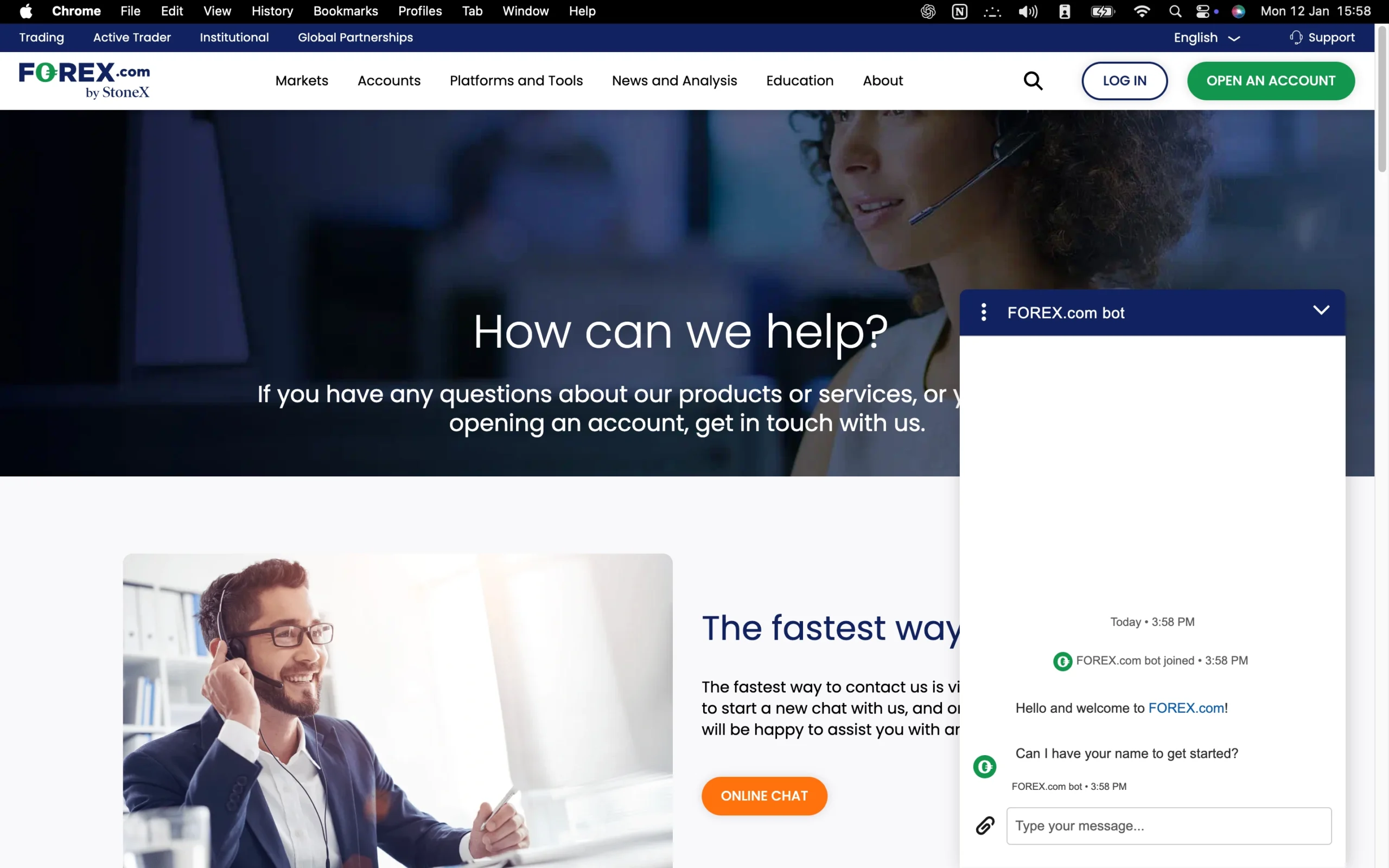 Forex.com review image showing customer support options including a contact form, live chat, phone number and help center.