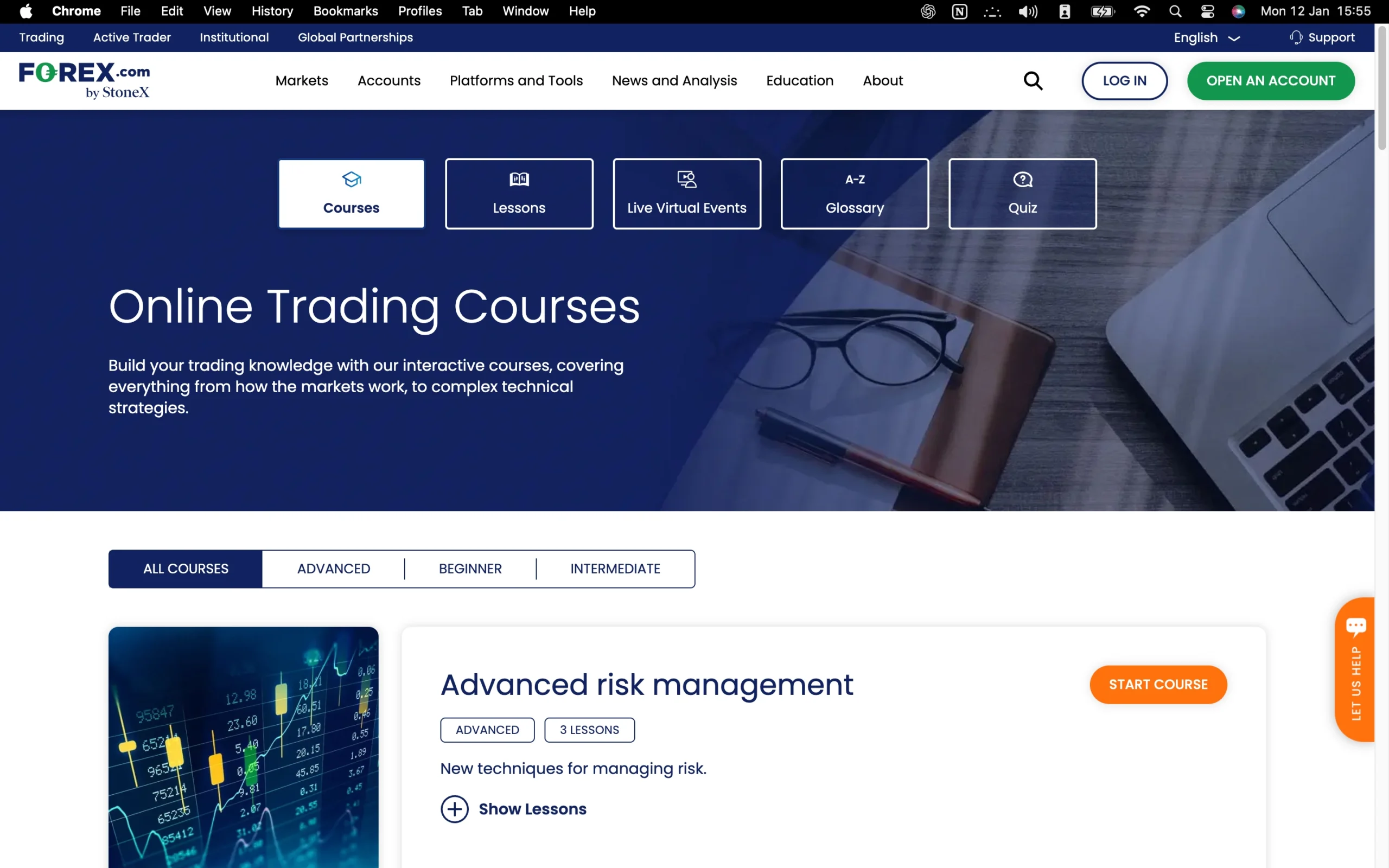 Forex.com review image showing the education page with trading guides and educational material for clients.