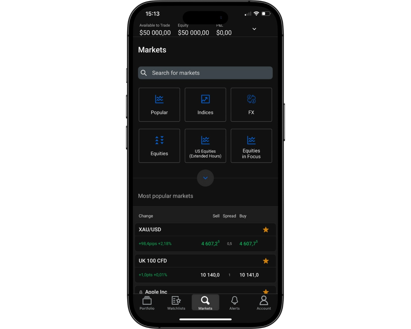 Forex.com review image showing the Forex.com mobile app search functions with a search bar to find trading instruments.