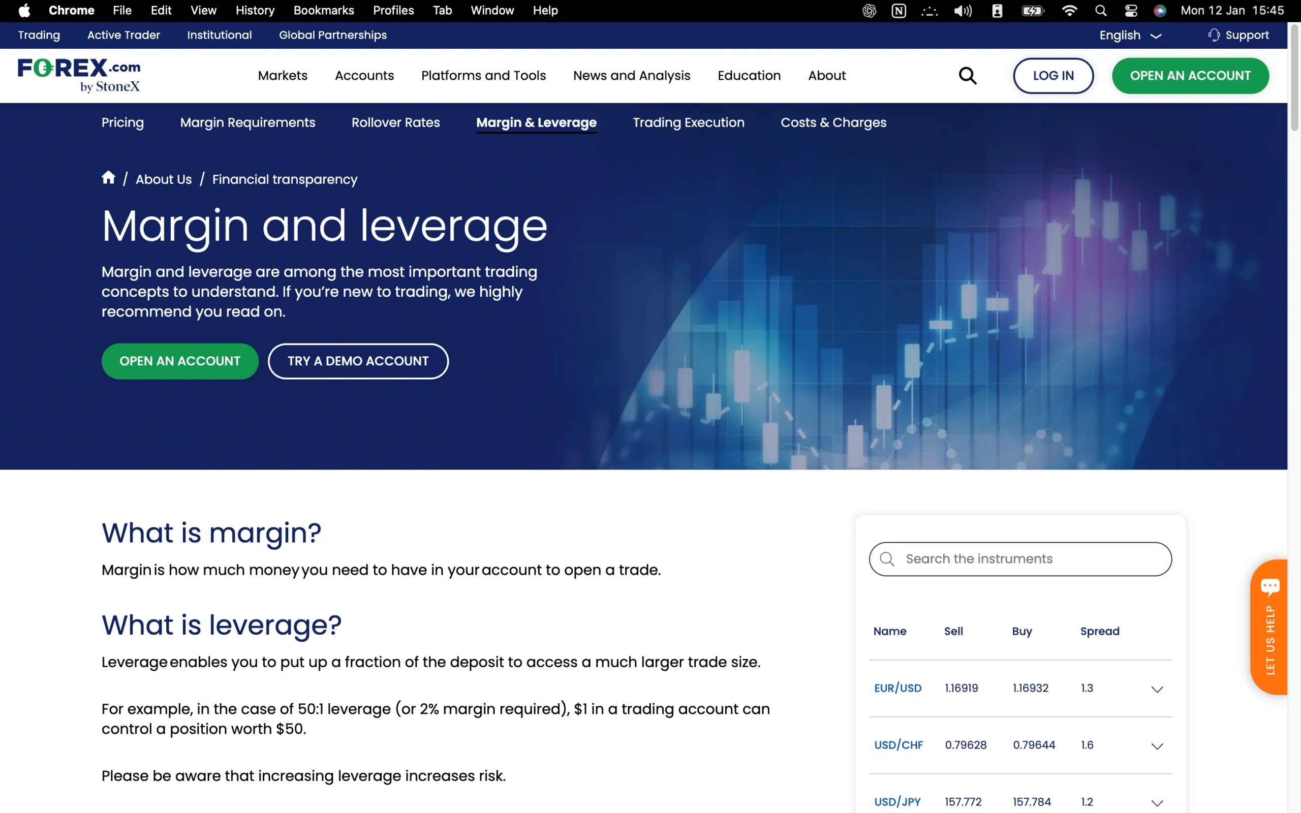 Forex.com review image showing maximum leverage for each tradable instrument, including Forex, Indices, Cryptocurrencies, Commodities, Crude Oil, Stocks and Metals.