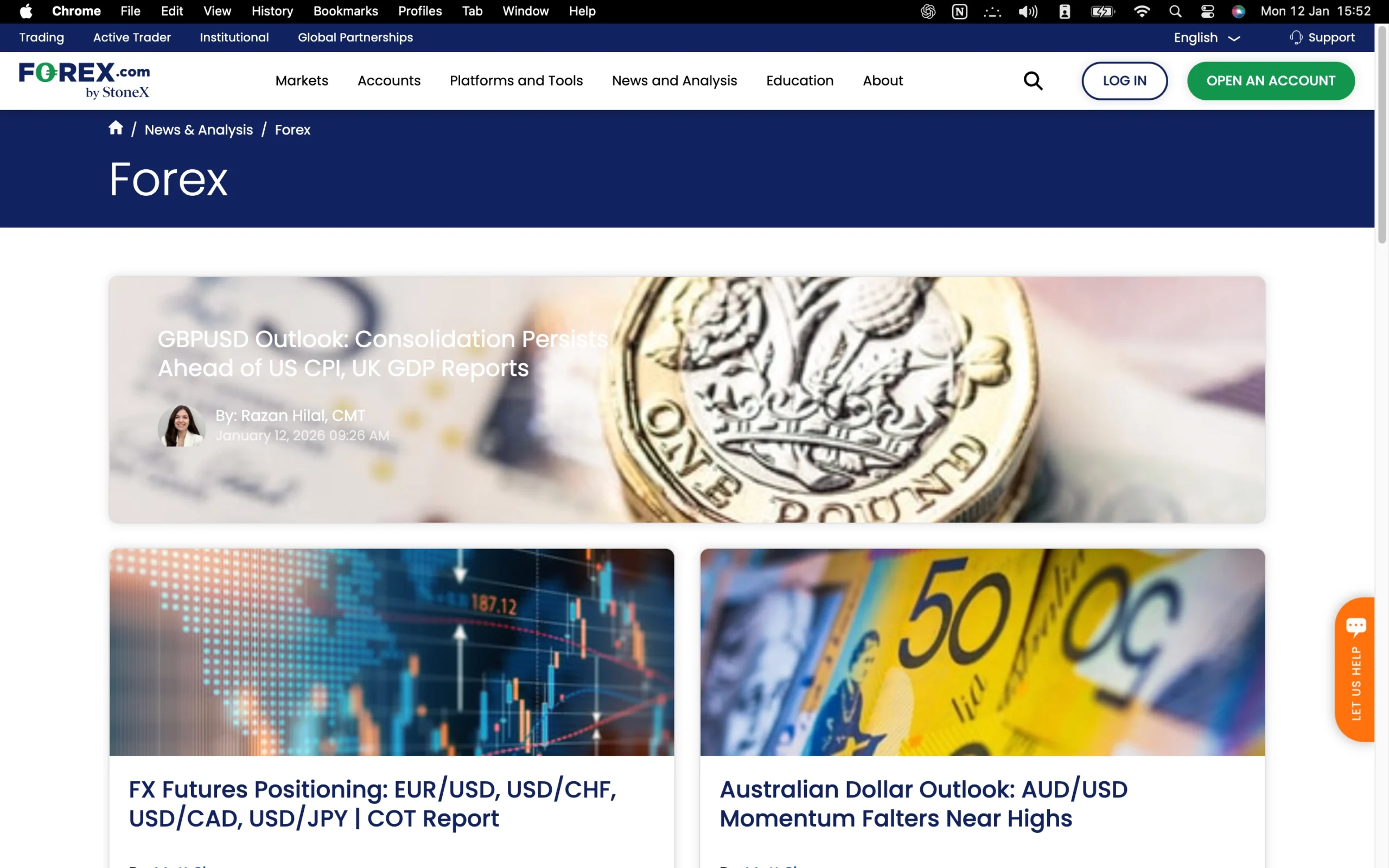 Forex.com review image showing the market analysis page with news and forecasts from trading professionals.