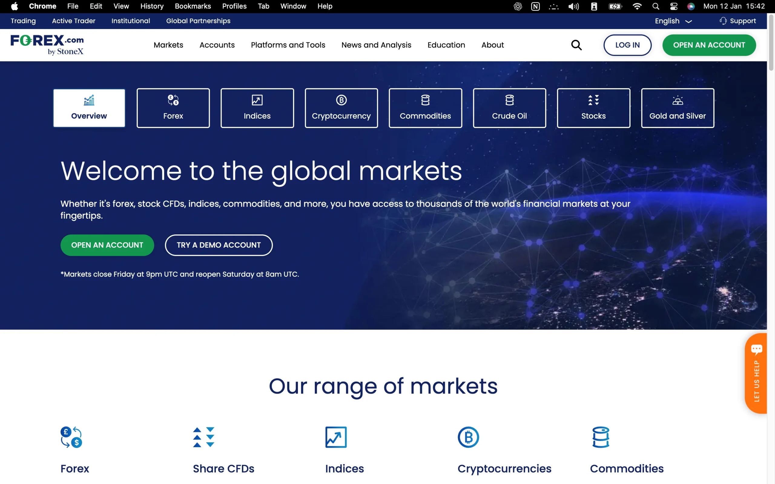 Forex.com review image showing all tradable instruments Forex.com offers, including Forex, Indices, Cryptocurrencies, Commodities, Crude Oil, Stocks and Metals.