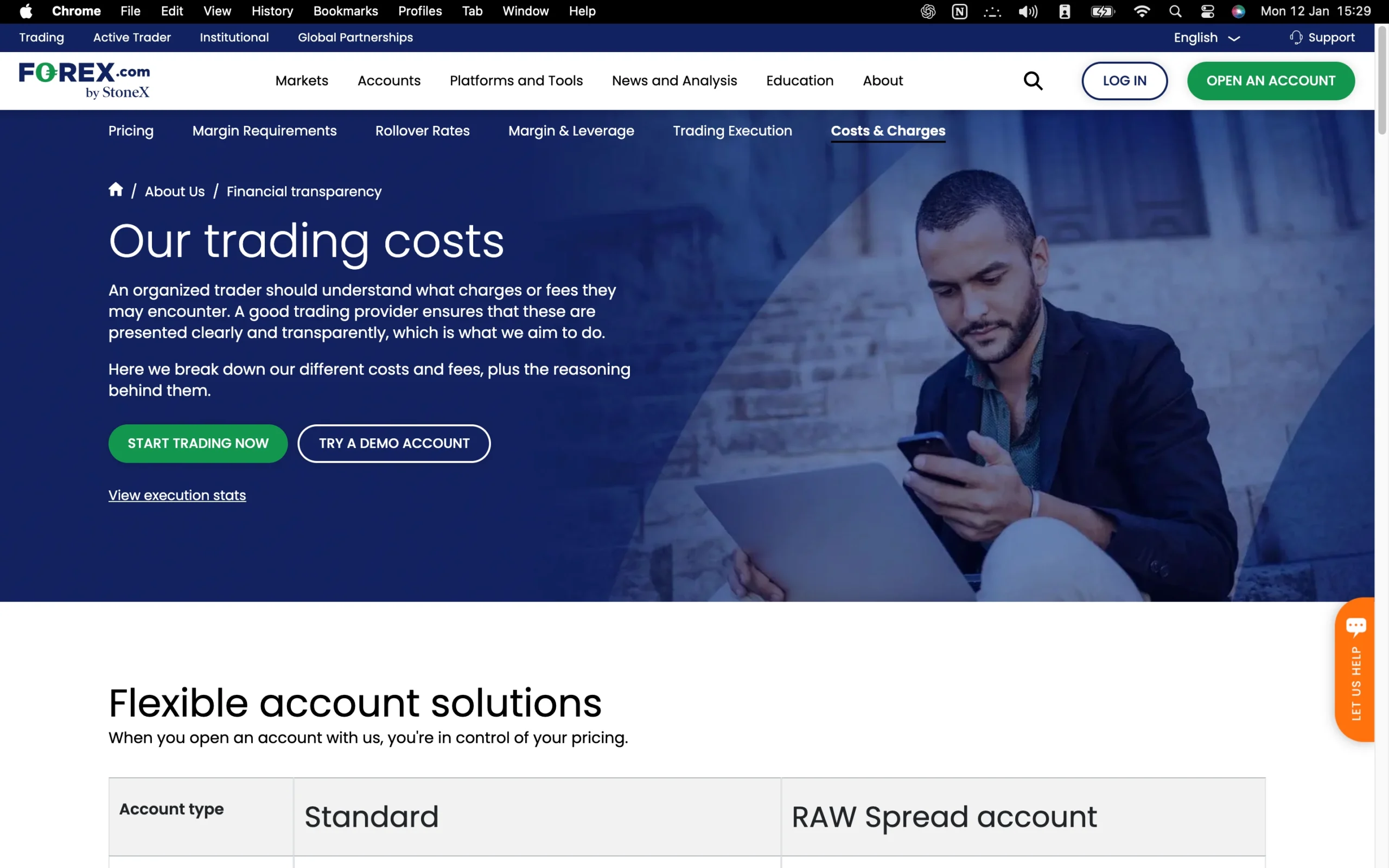 Forex.com review image showing the broker’s trading fees, including live spreads, commissions, and swap rates across Forex, Metals, Indices, Commodities, Stocks and Cryptos.