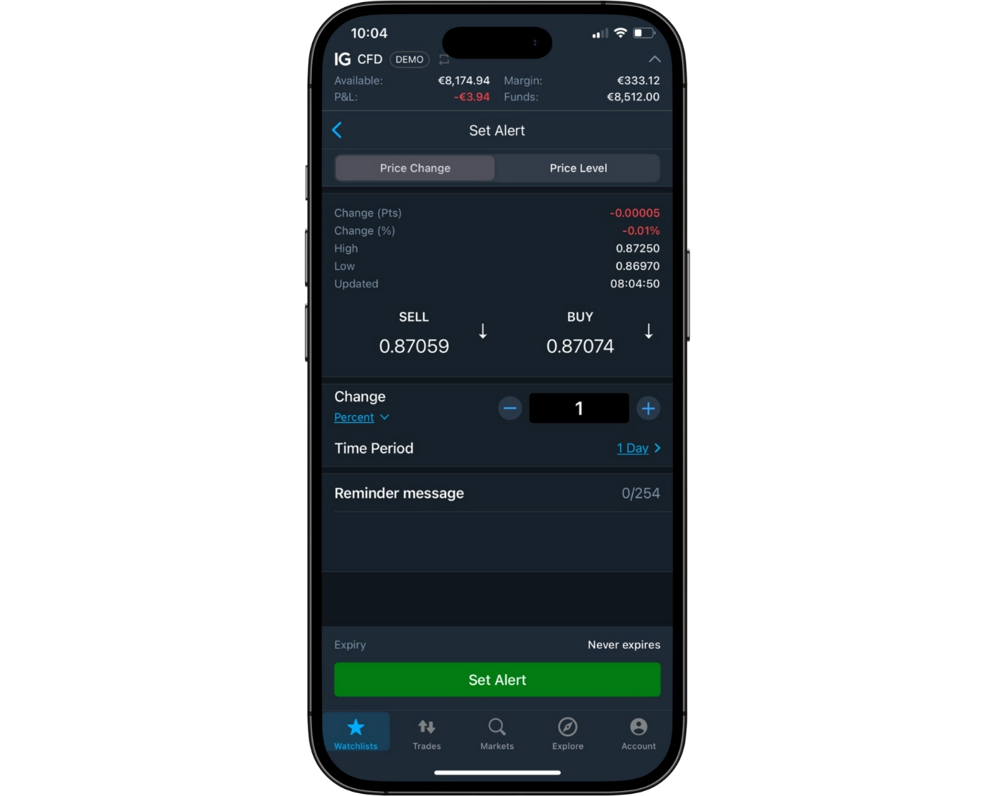 IG Review image showing the IG mobile app alerts and notification settings.