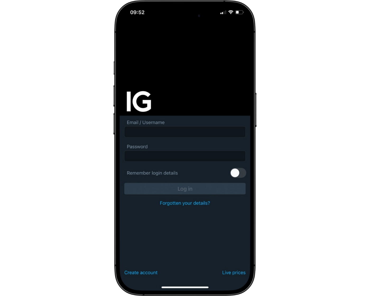 IG review image showing the IG Mobile App login page where clients enter their login number, server, and password.