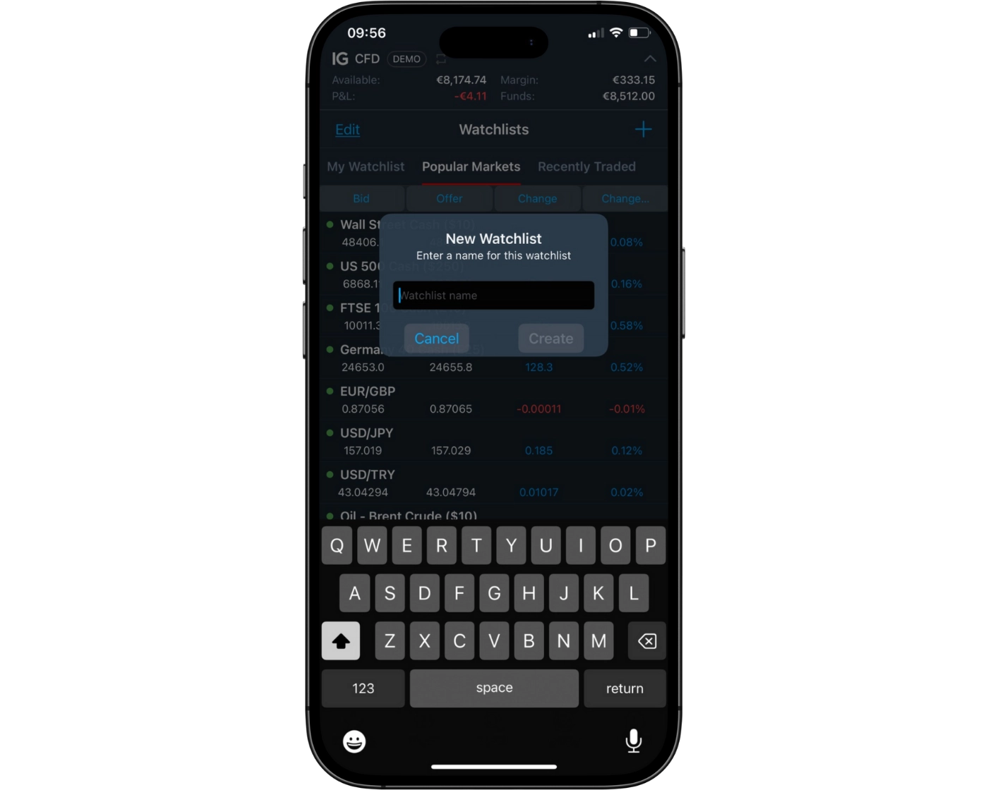IG review image showing the IG mobile app search functions with a search bar to find trading instruments.
