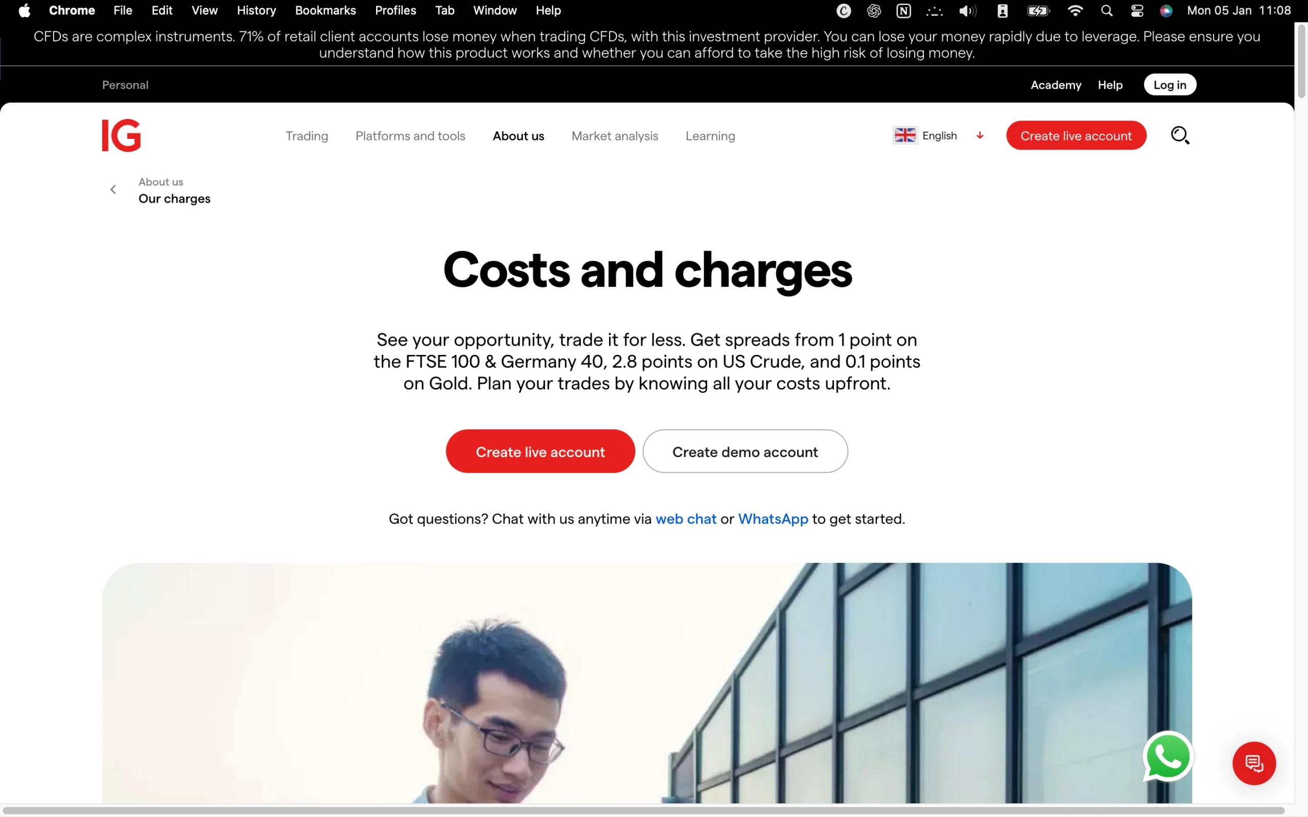 IG review image showing the broker’s trading fees, including live spreads, commissions, and swap rates across Forex, commodities, indices, and share CFDs.