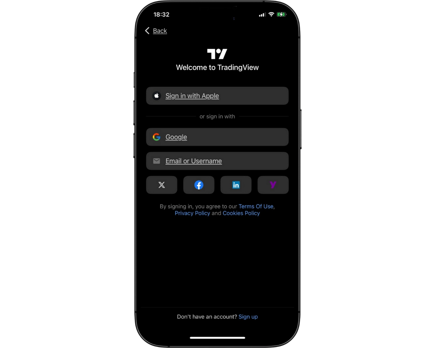 IG review image showing the TradingView login page where clients enter their email and password to login.