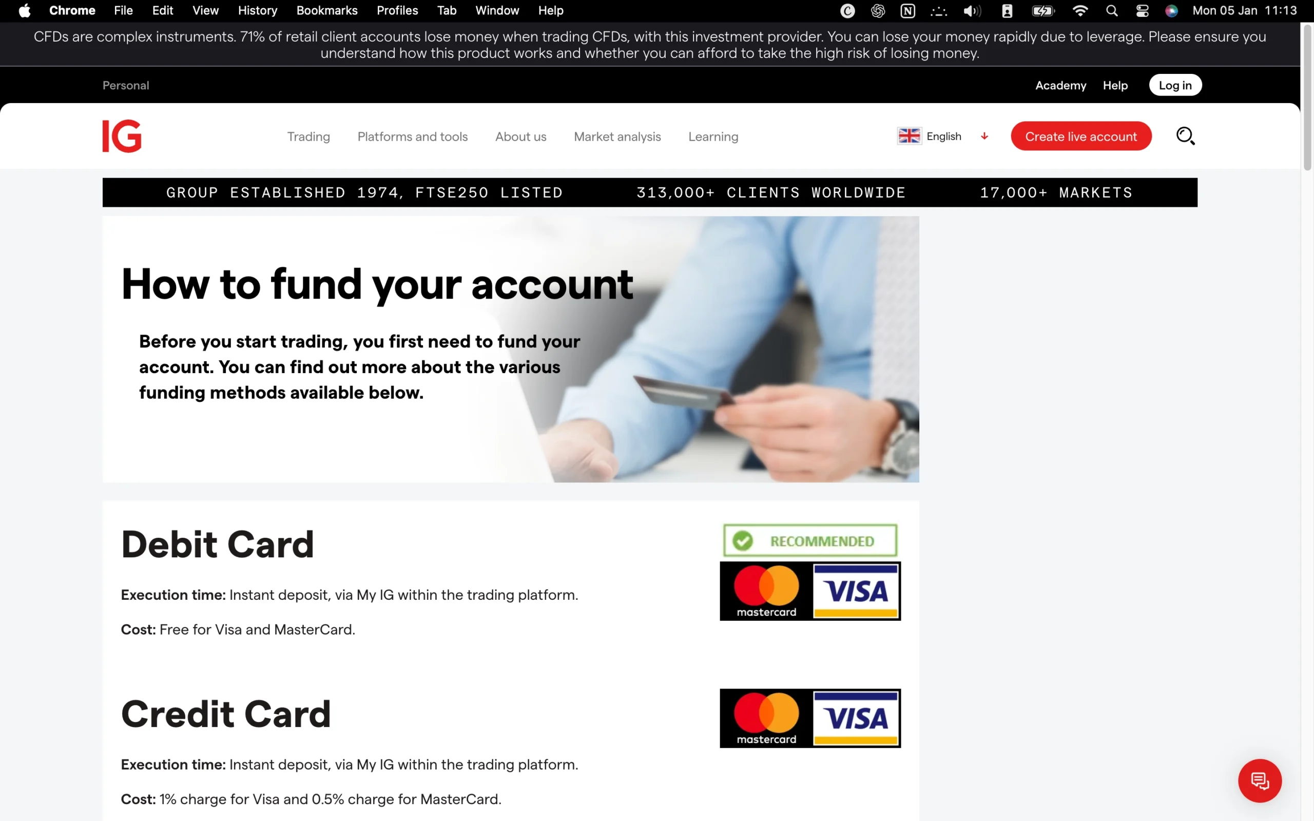 IG review image showing all funding and withdrawal methods at IG.