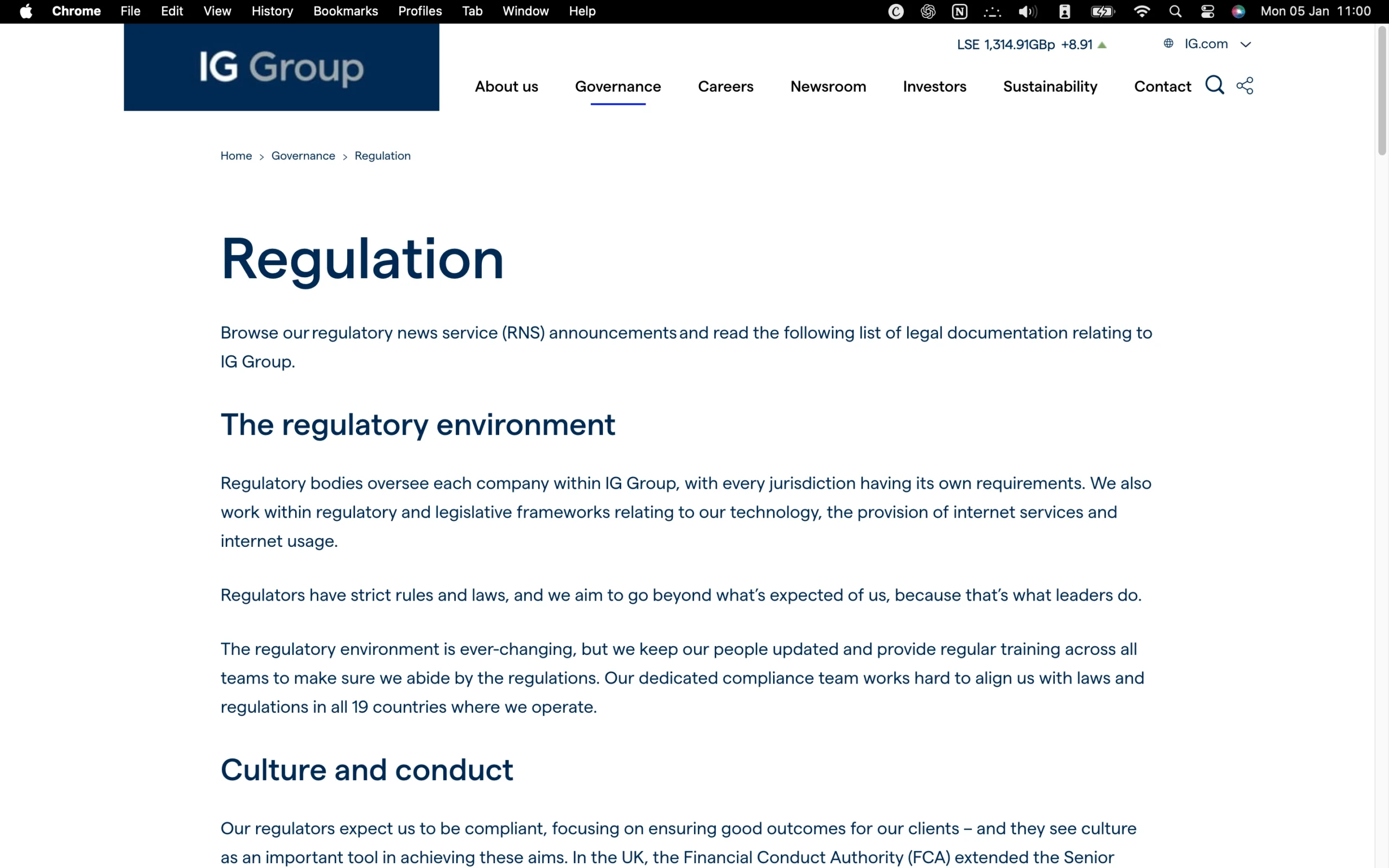IG regulation page showing office addresses, regulators, license numbers, and client money protection details for jurisdictions including FCA, BaFin, FINMA, DFSA, MAS, JFSA, ASIC, and NFA.