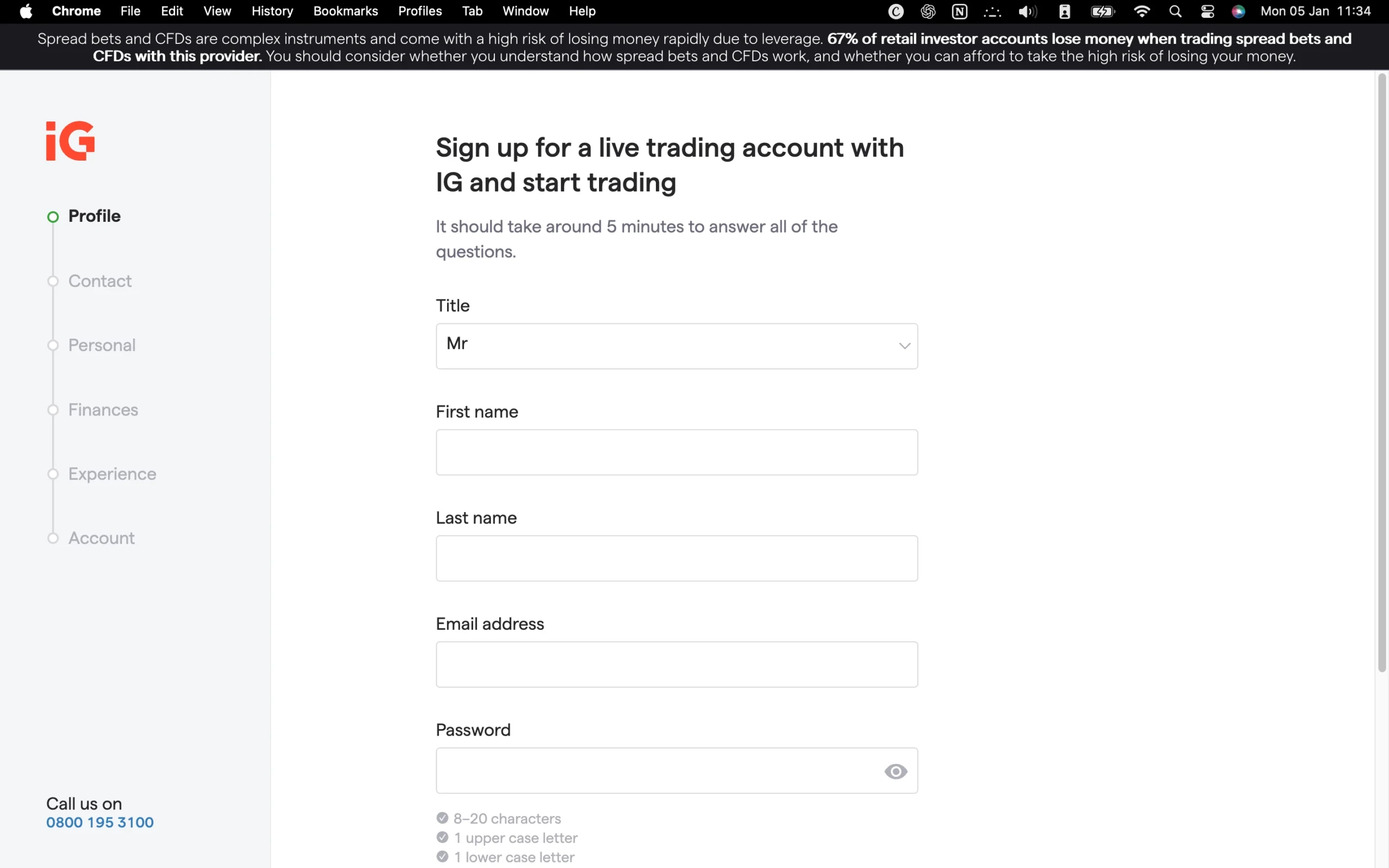 IG review image showing the account opening page where clients enter personal information to open a trading account.