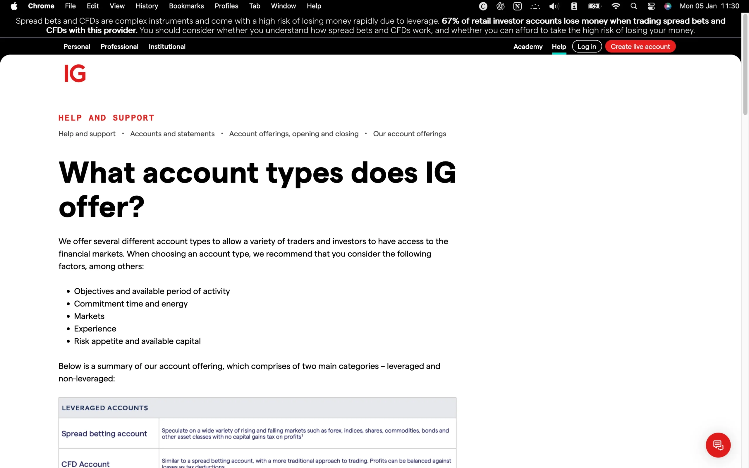IG review image showing available account types, including Spread betting, Share dealing, Stocks, IG Smart Portfolio, IG Smart ISA Portfolio, CFD Accounts and Demo trading accounts.