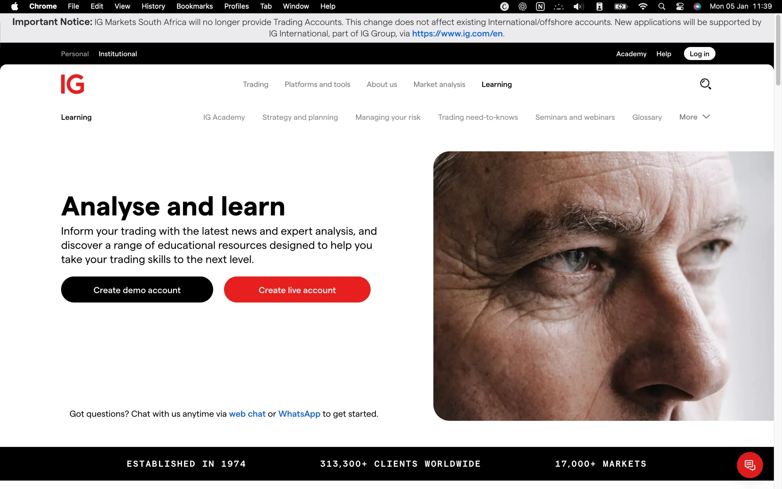 IG review image showing the education page with trading guides and educational material for clients.