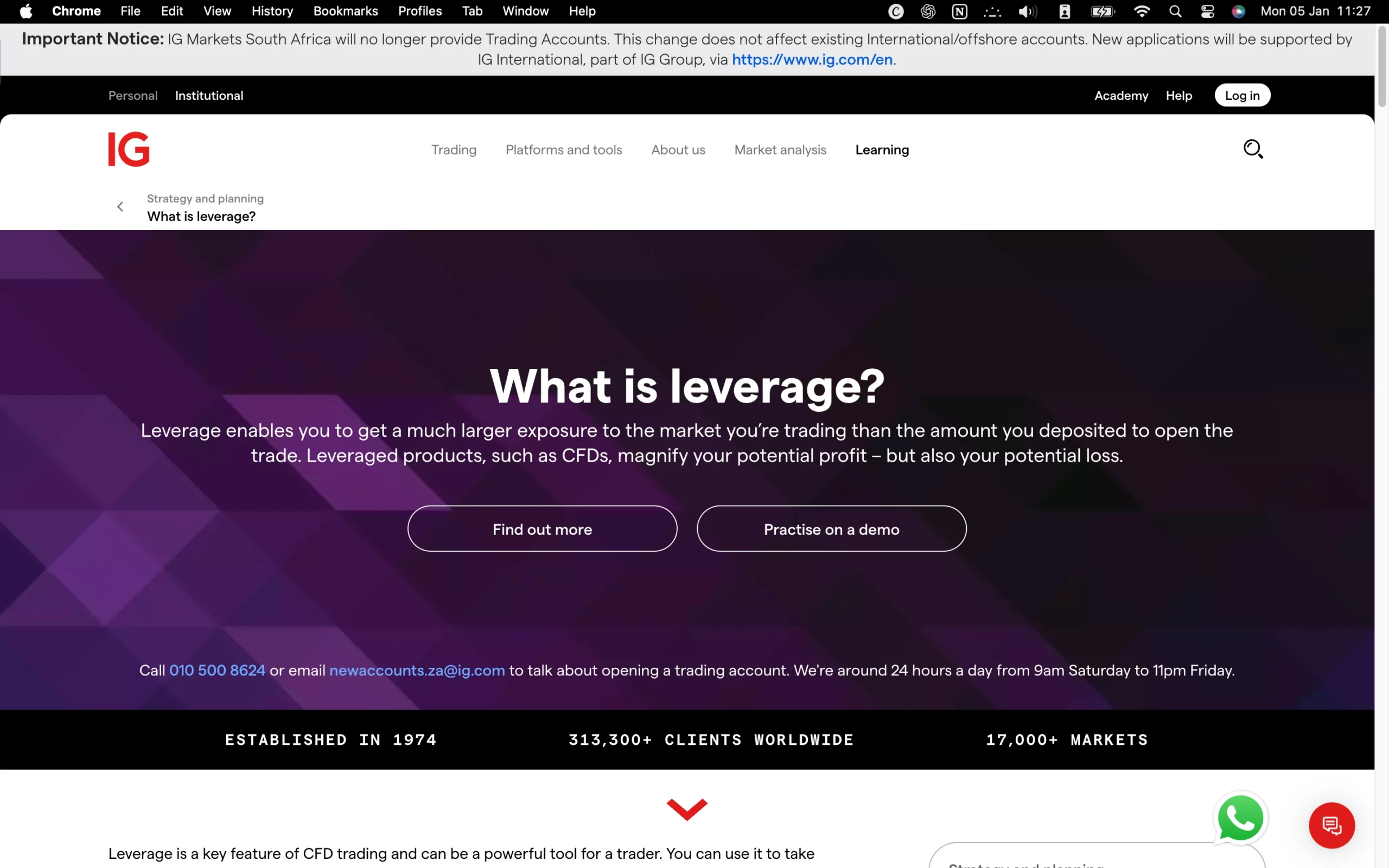 IG review image showing maximum leverage for each tradable instrument, including FX majors, FX minors, Indices, Metals, Energies, Commodities and Shares.