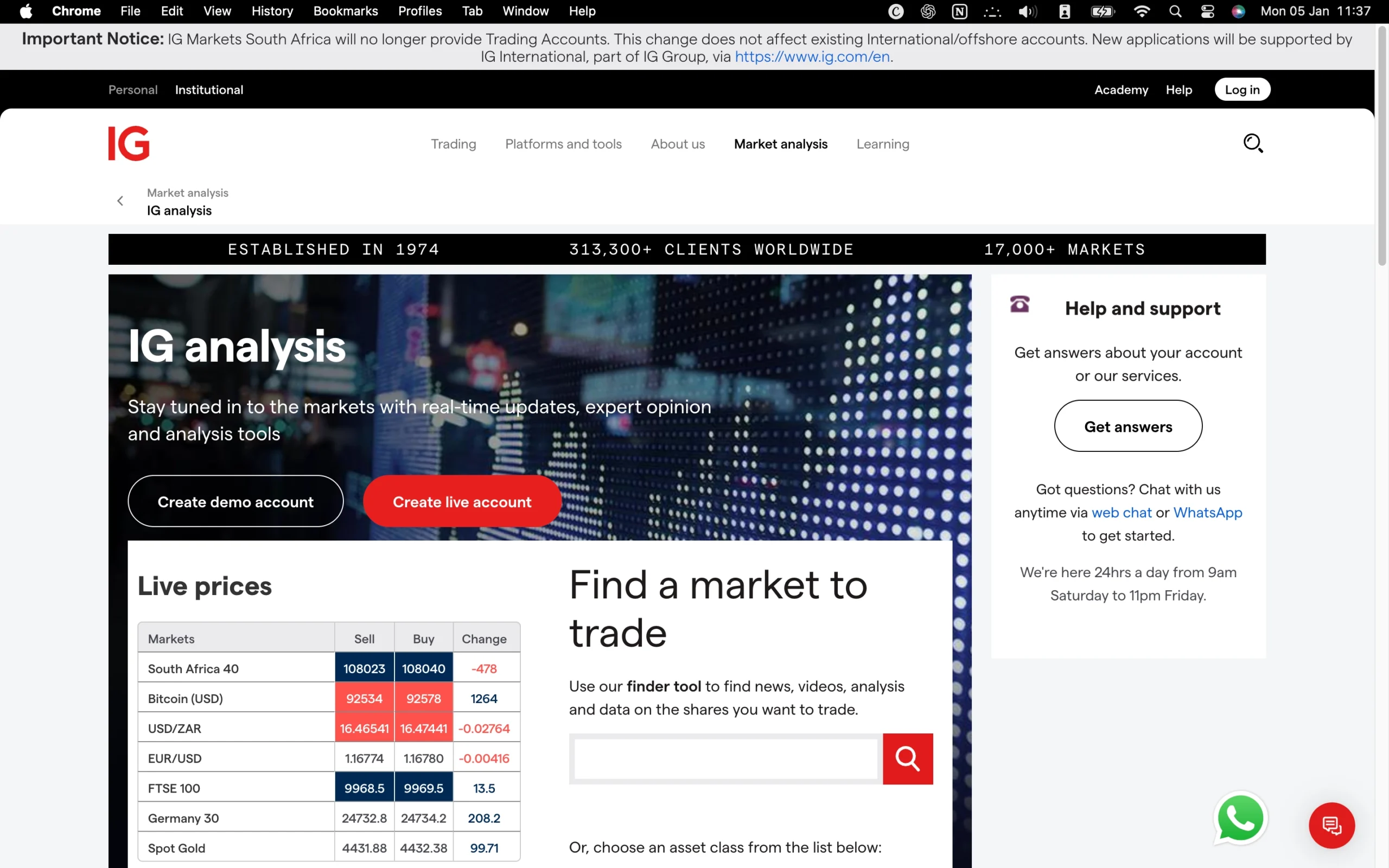 IG review image showing the market analysis page with news and forecasts from trading professionals.