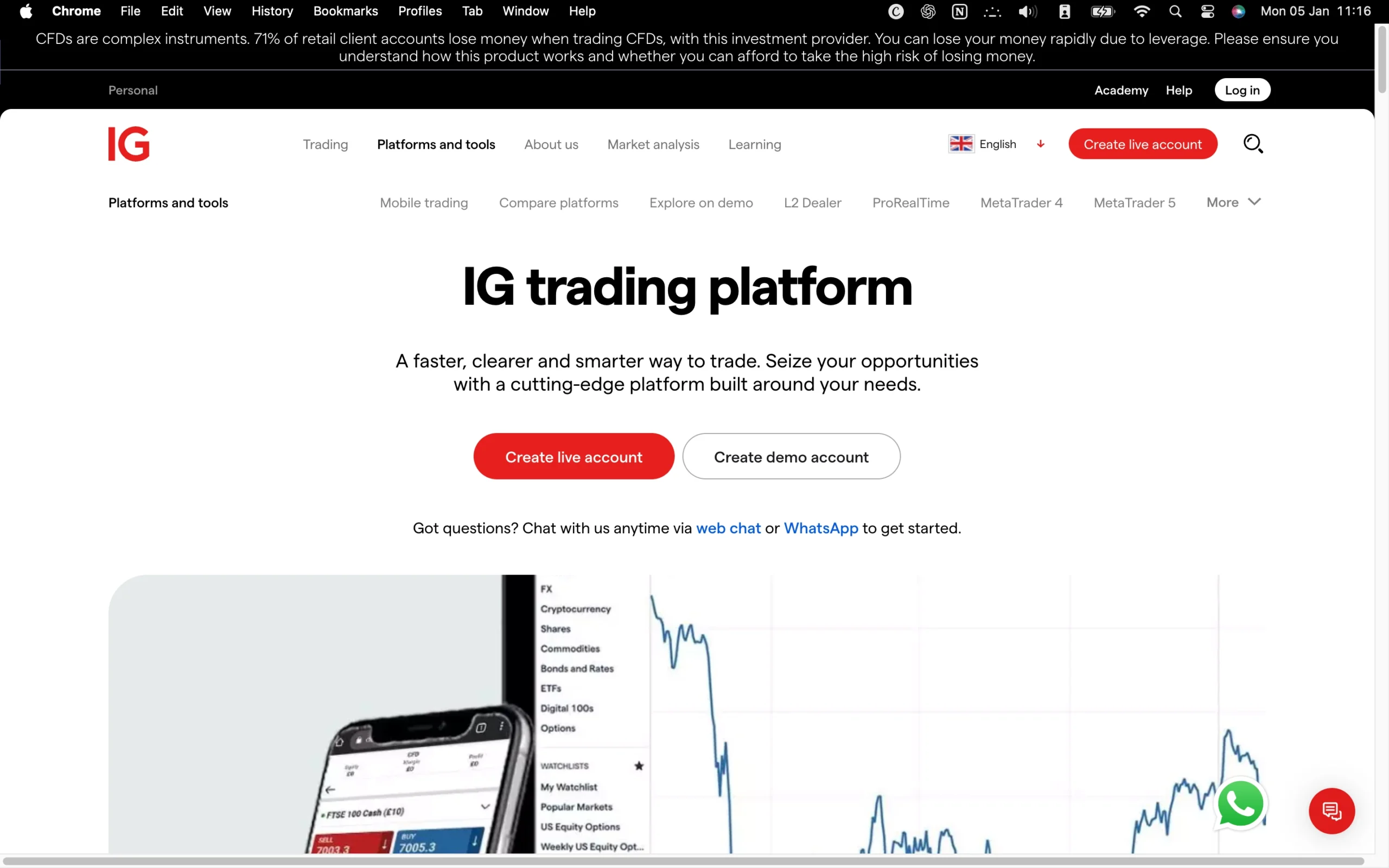 IG review image showing the trading platforms available to clients, including Online Platform, MetaTrader 4, ProRealTime, L2 Dealer and TradingView.