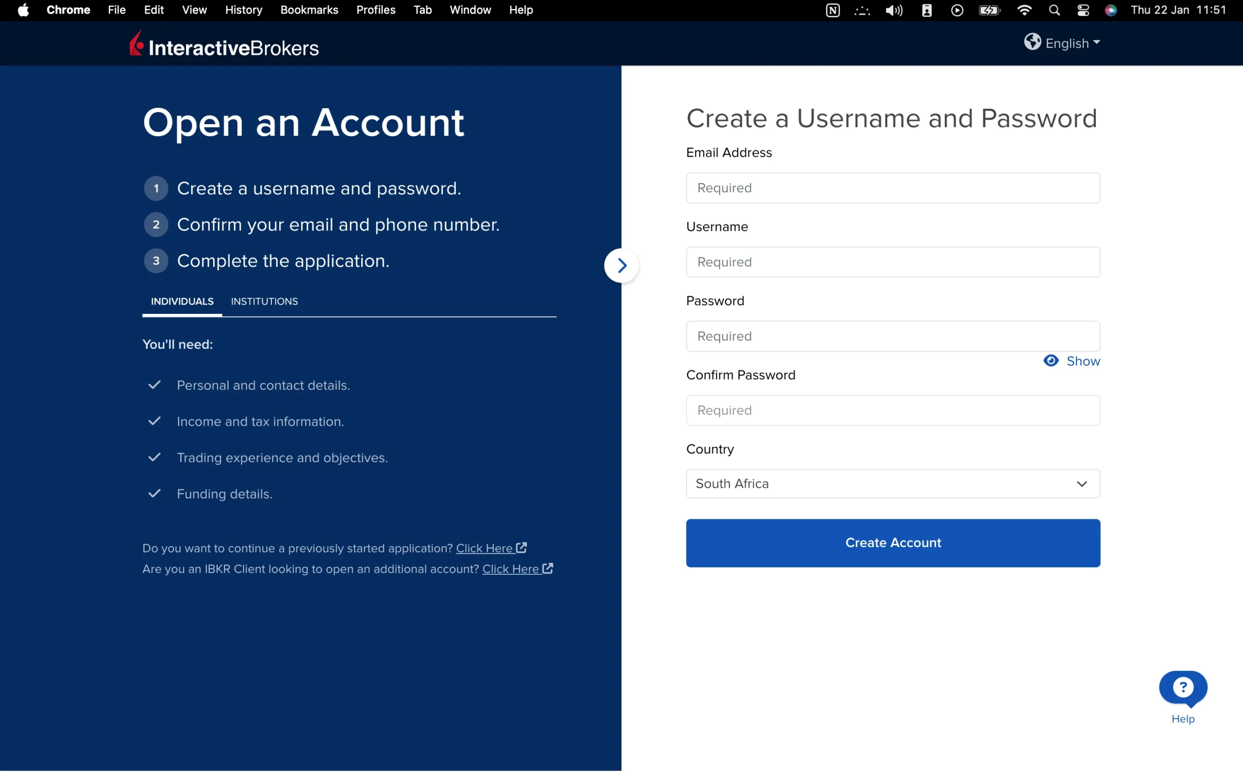 Interactive Brokers review image showing the account opening page where clients enter personal information to open a trading account.