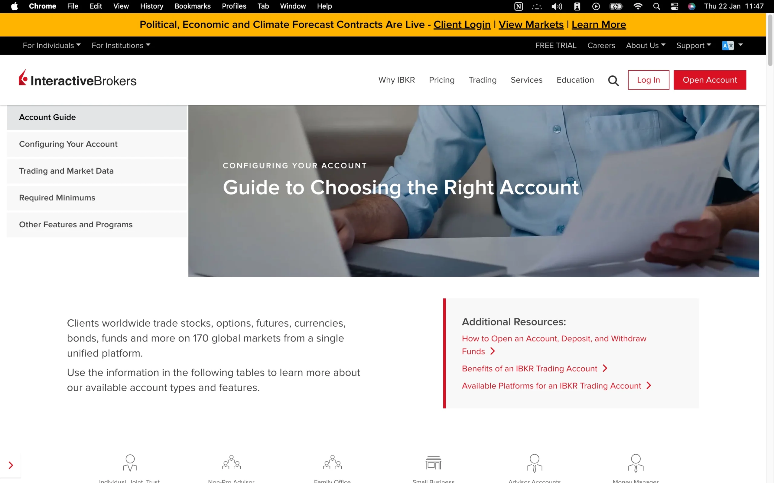Interactive Brokers review image showing available account types including Individual, Joint, Trust, IRA, UGMA, UTMA, Firends and Family, Family Office, Advisor, Money Manager and Demo Accounts.