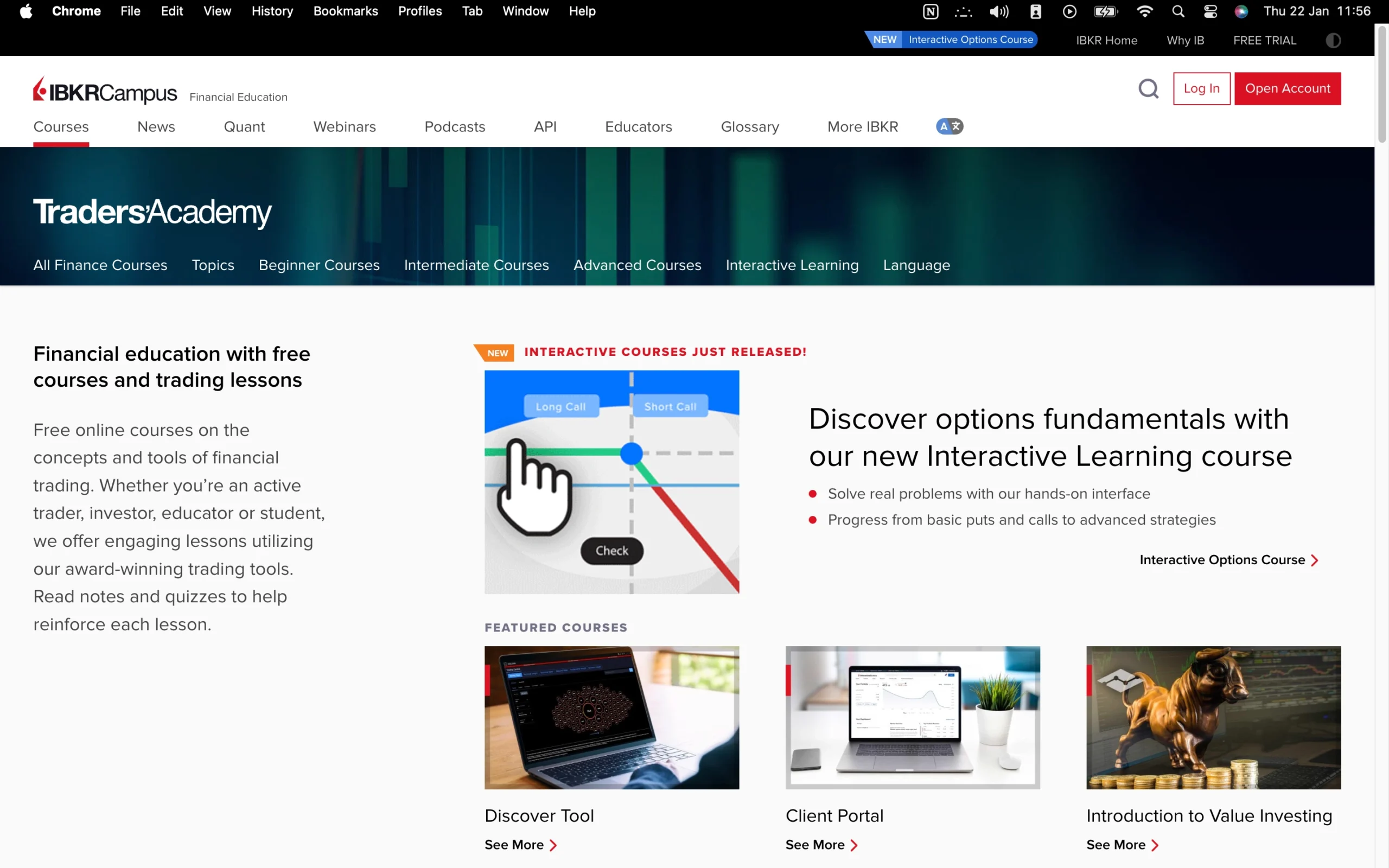 Interactive Brokers review image showing the education page with trading guides and educational material for clients.