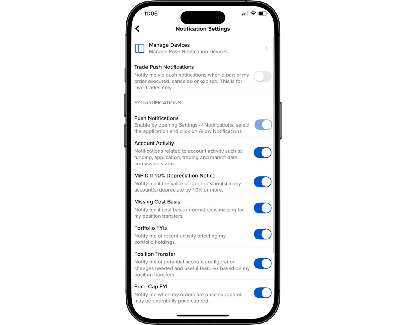 Interactive Brokers Review image showing the IBKR GlobalTrader mobile app settings page, including account, chart, and notification settings.