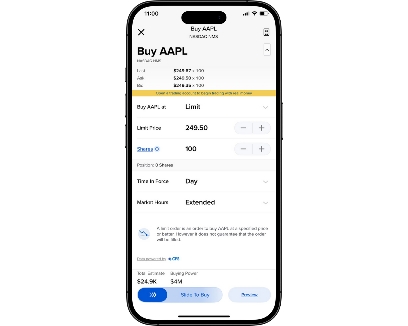 Interactive Brokers Review image showing the IBKR GlobalTrader mobile app orders page, including instrument selection, lot size, stop loss, take profit, and buy/sell options.