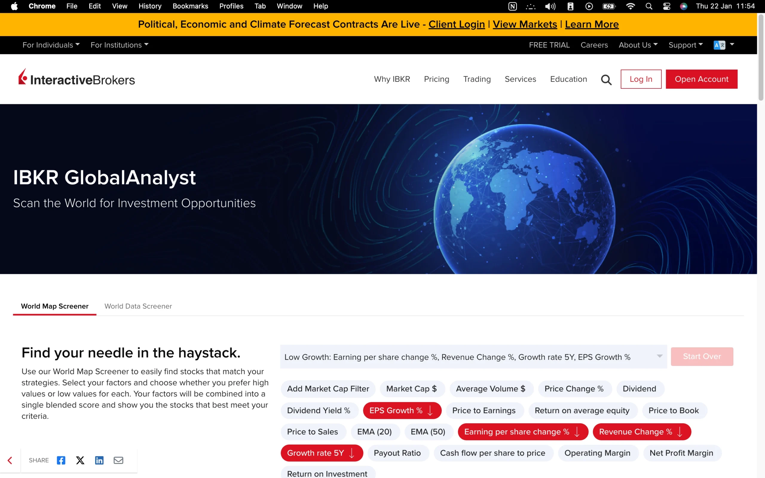 Interactive Brokers review image showing the market analysis page with news and forecasts from trading professionals.
