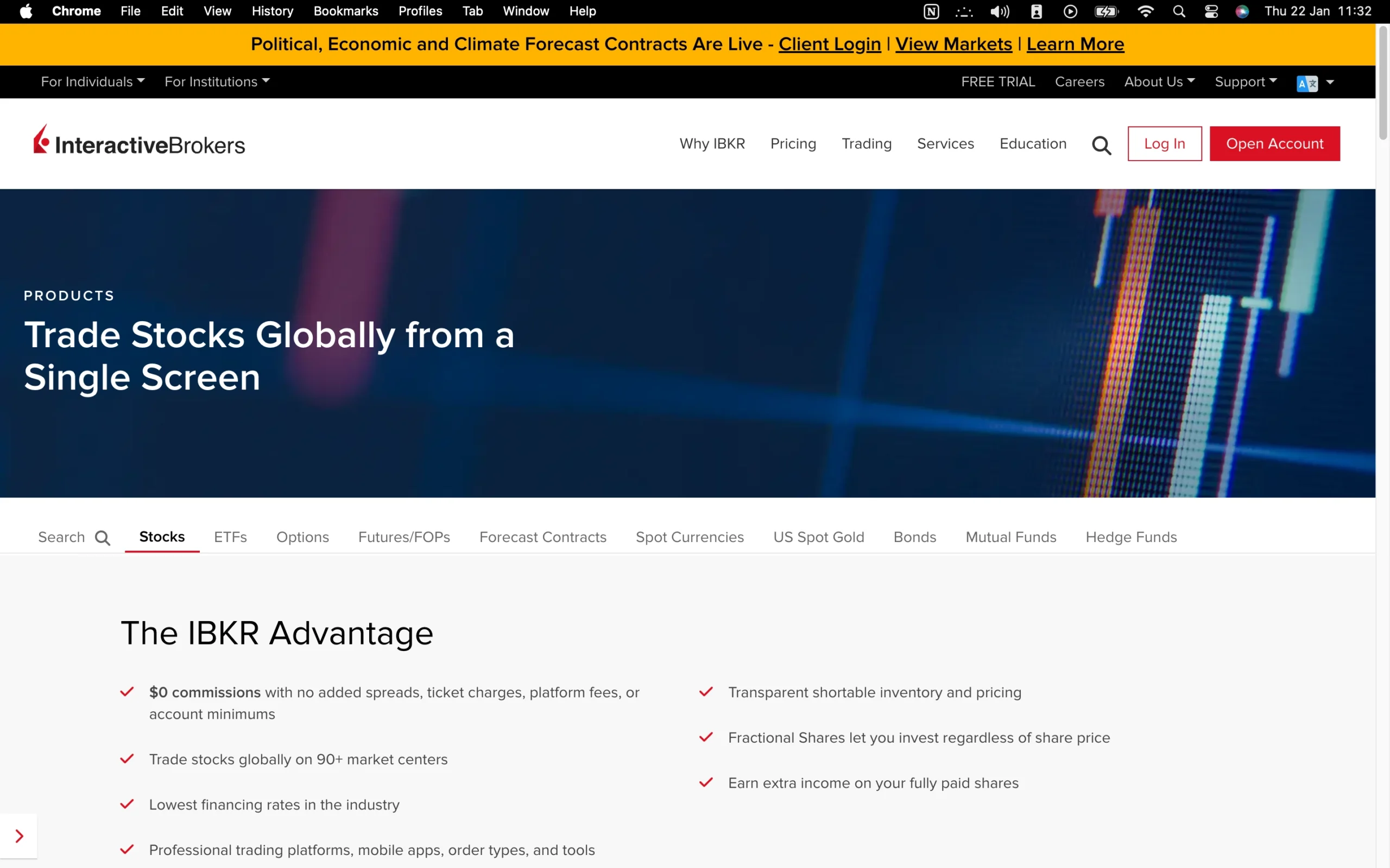Interactive Brokers review image showing all tradable instruments Interactive Brokers offers, including Stocks, ETFs, Options, Futures, Forecast Contracts, Spot Currencies, Gold, Bonds, Mutual Funds and Hedge Funds.