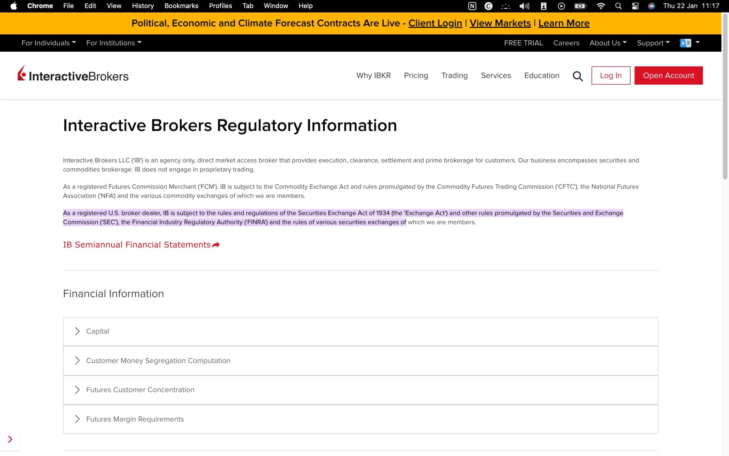 Interactive Brokers regulation page showing office addresses, regulators, license numbers, and client money protection details for jurisdictions including FCA, CBI, MNB, JSDA, MAS, ASIC, SEC, CFTC, IIROC, SEBI and the SFC.