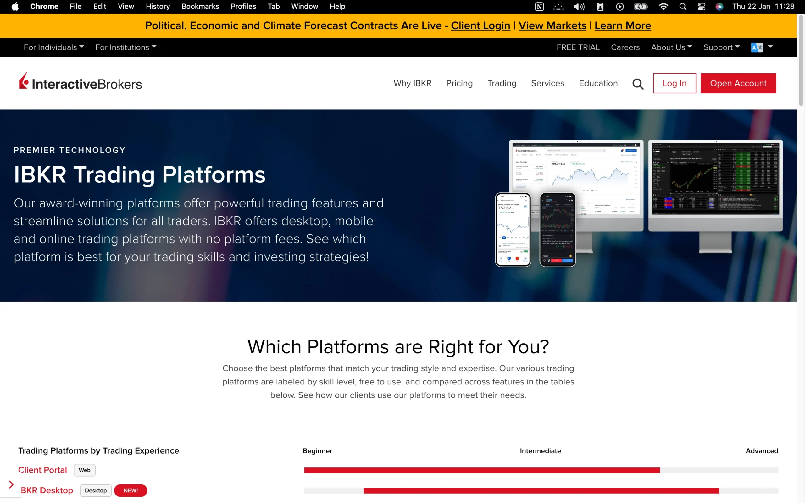 Interactive Brokers review image showing the trading platforms available to clients, including Client Portal, IBKR Desktop, IBKR Mobile, Trader Workstation (TWS), IBKR GlobalTrader and IBKR APIs.