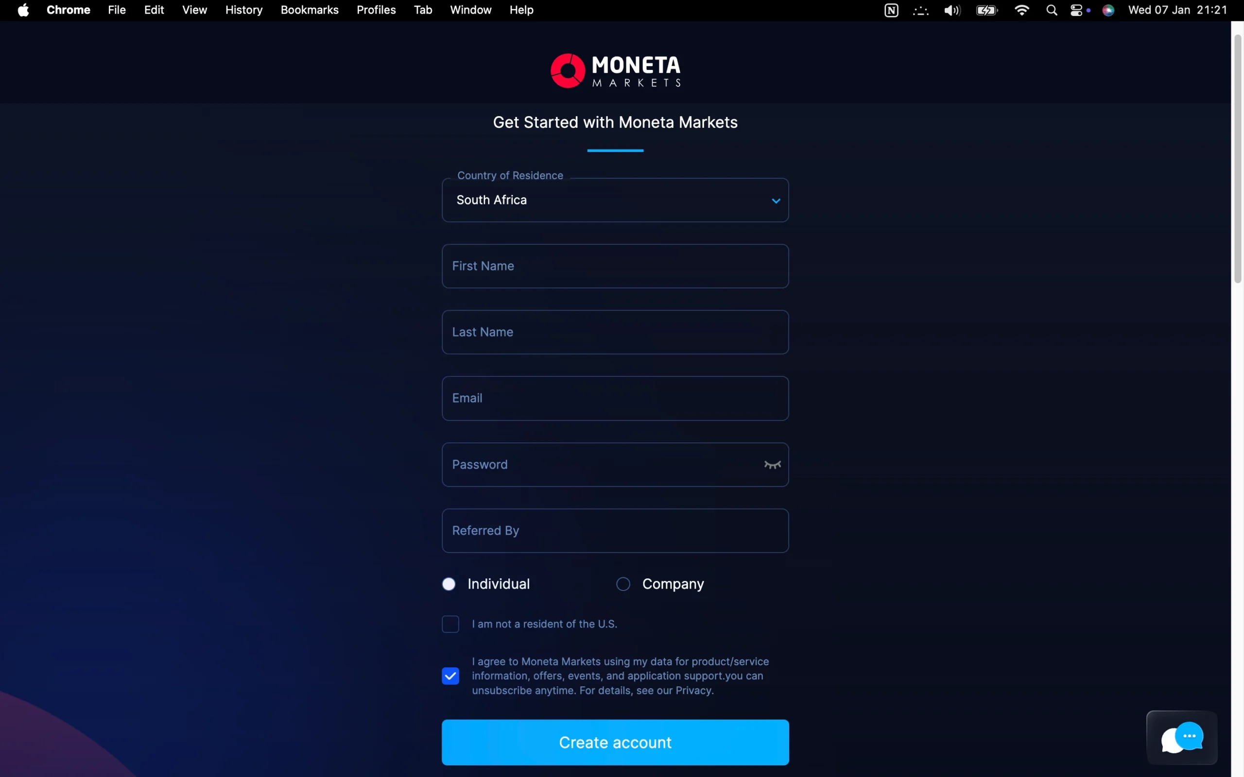 Moneta Markets review image showing the account opening page where clients enter personal information to open a trading account.