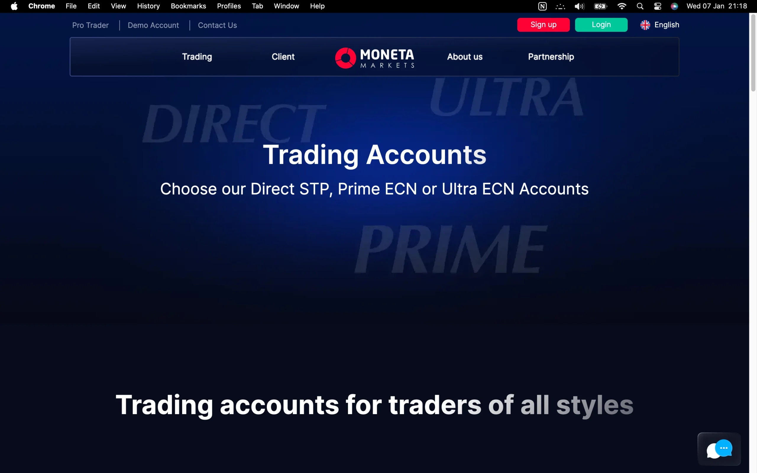Moneta Markets review image showing available account types including Direct STP, Prime ECN and Ultra ECN Accounts.