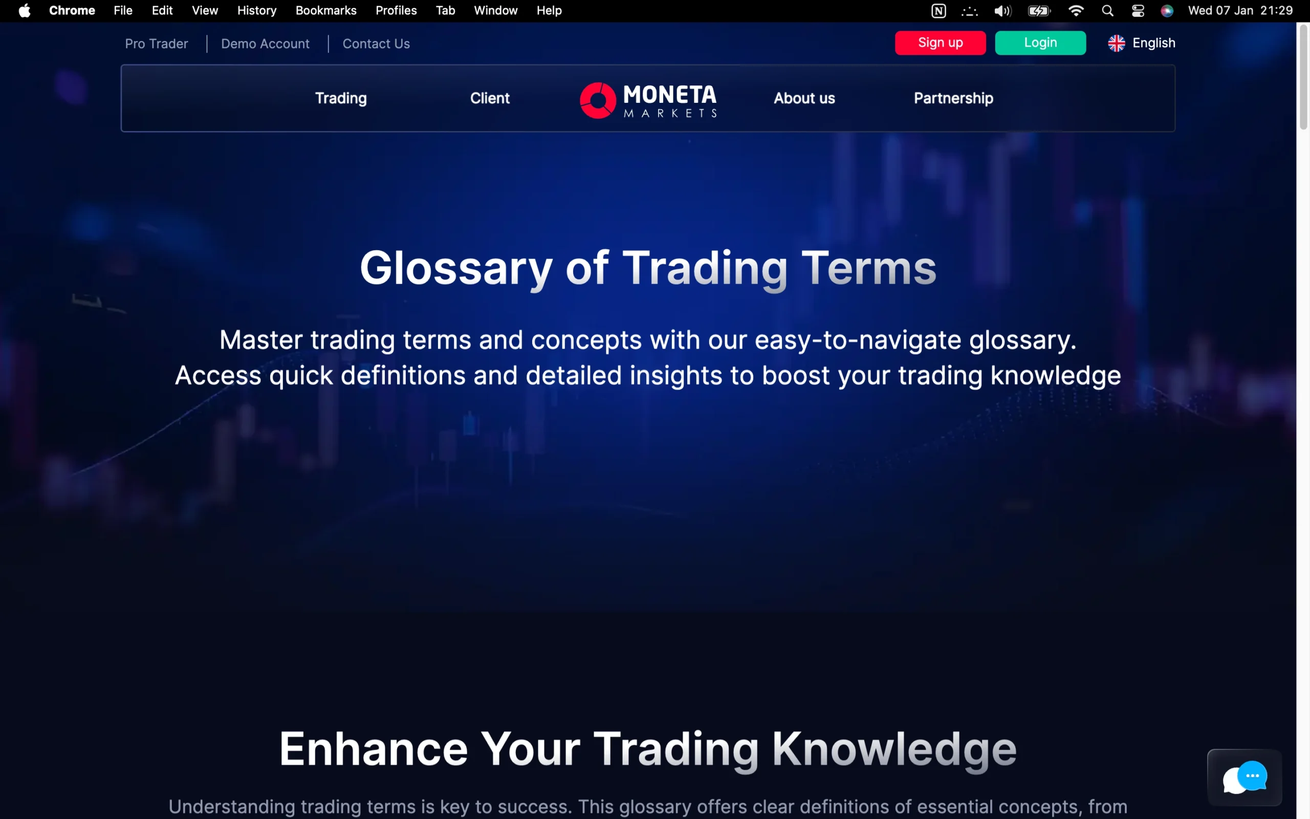 Moneta Markets review image showing the education page with trading guides and educational material for clients.