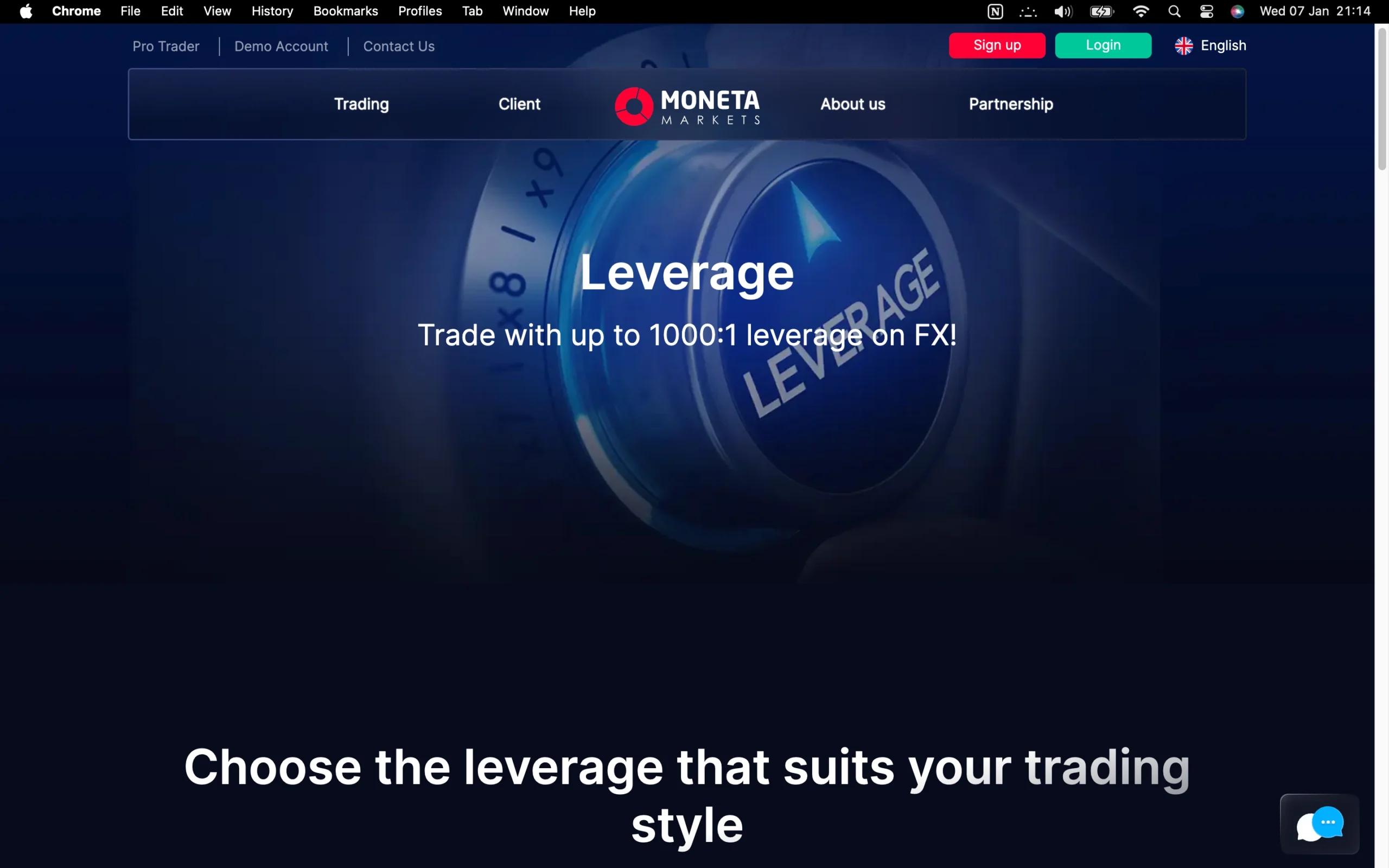 Moneta Markets review image showing maximum leverage for each tradable instrument, including FX majors, FX minors, Indices, Metals, Energies, Commodities and Shares.
