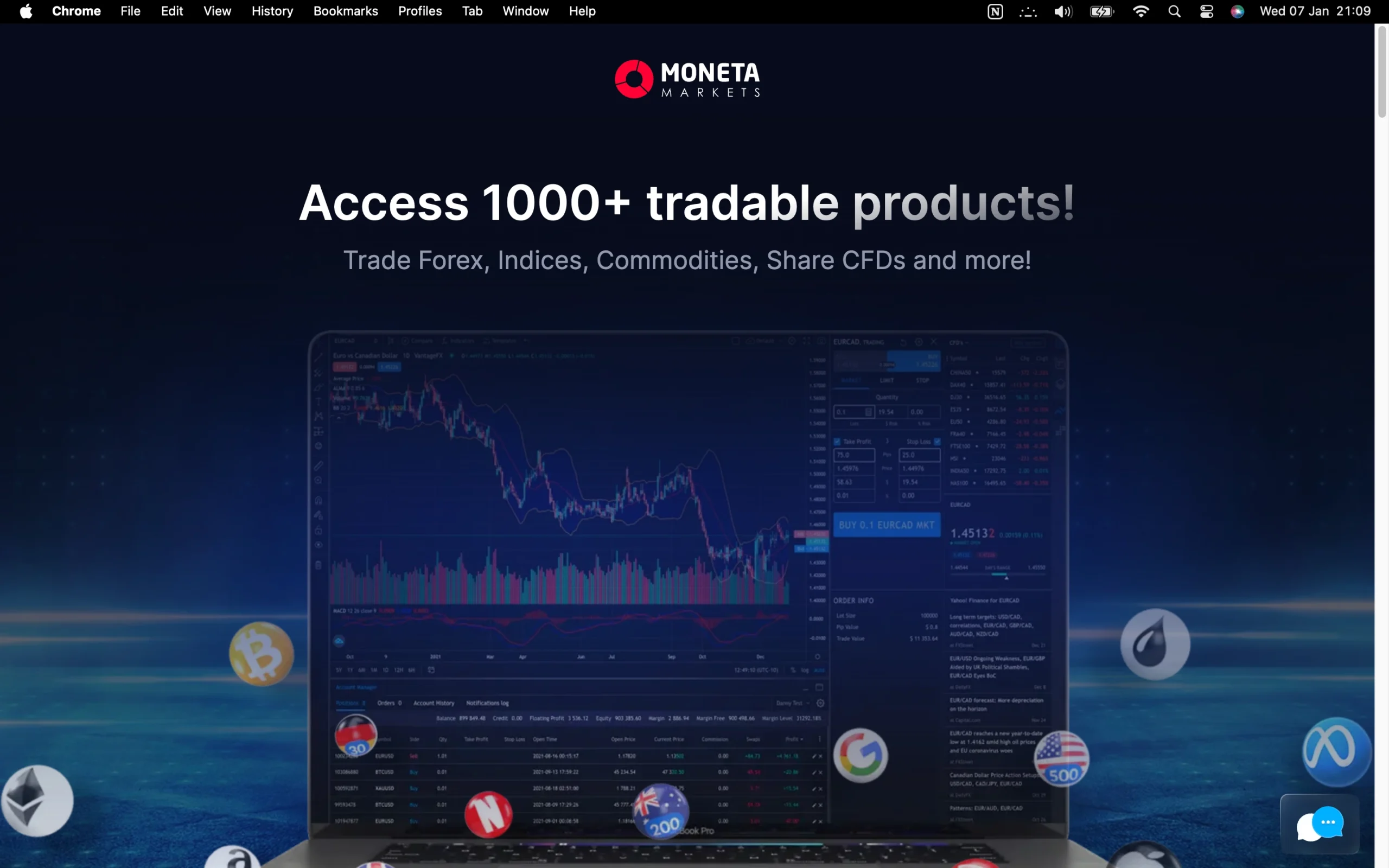 Moneta Markets review image showing all tradable instruments Moneta Markets offers, including Commodities, Forex, Indices, and Shares.